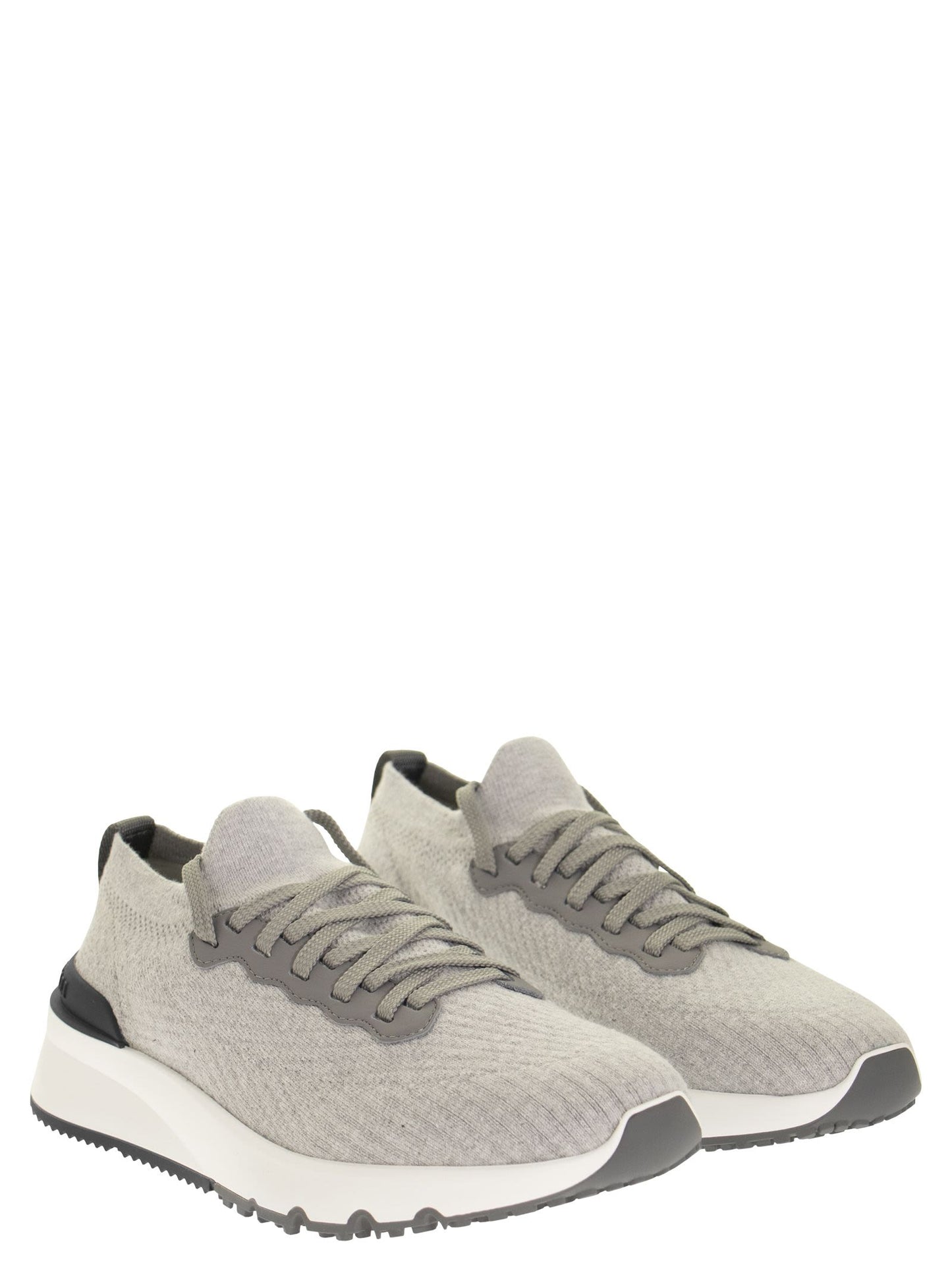 Brunello Cucinelli Men Runners In Cotton Knit And Semi-Glossy Calf Leather BRUNELLO CUCINELLI