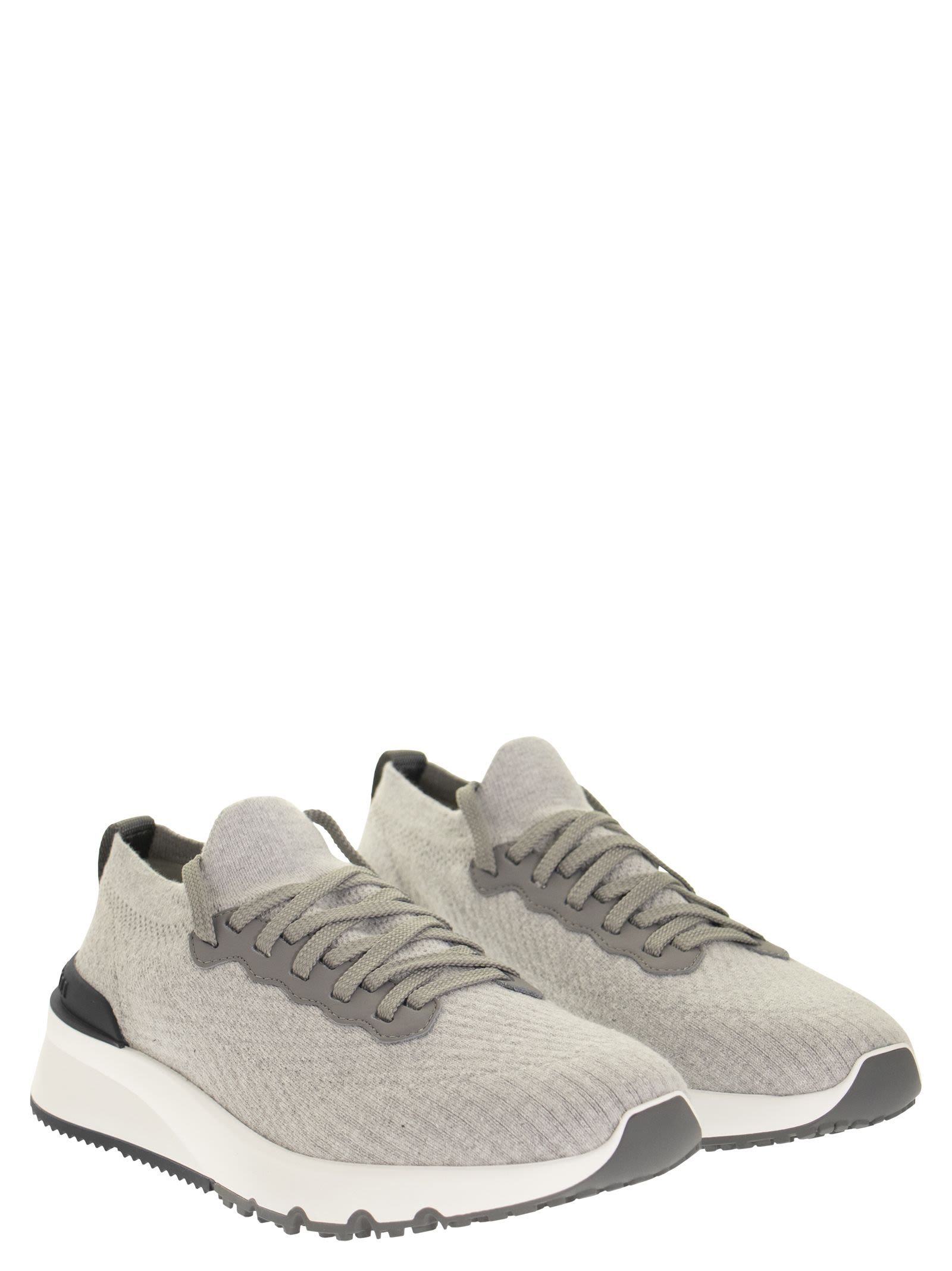 Brunello Cucinelli Men Runners In Cotton Knit And Semi-Glossy Calf Leather BRUNELLO CUCINELLI