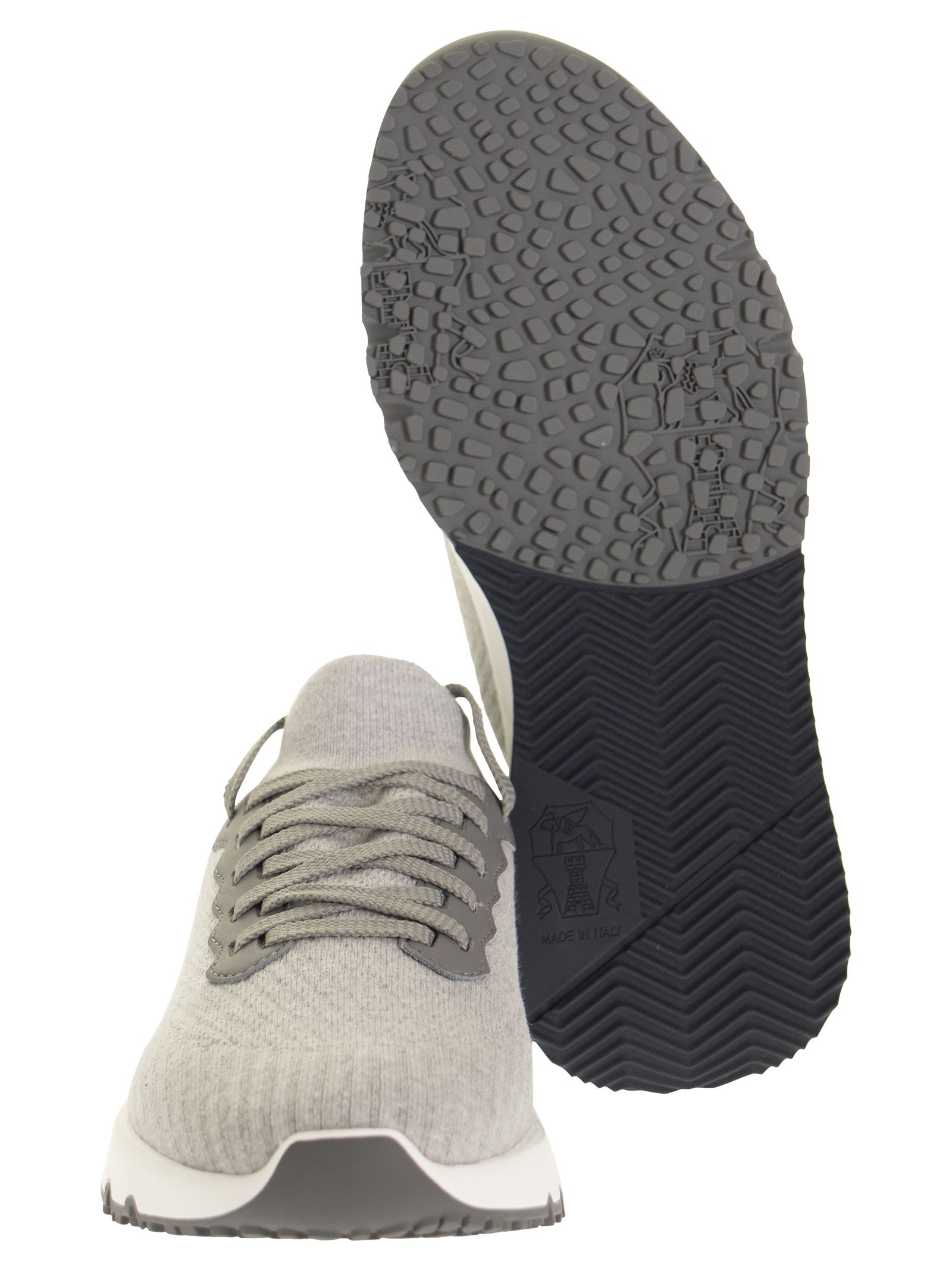 Brunello Cucinelli Men Runners In Cotton Knit And Semi-Glossy Calf Leather BRUNELLO CUCINELLI