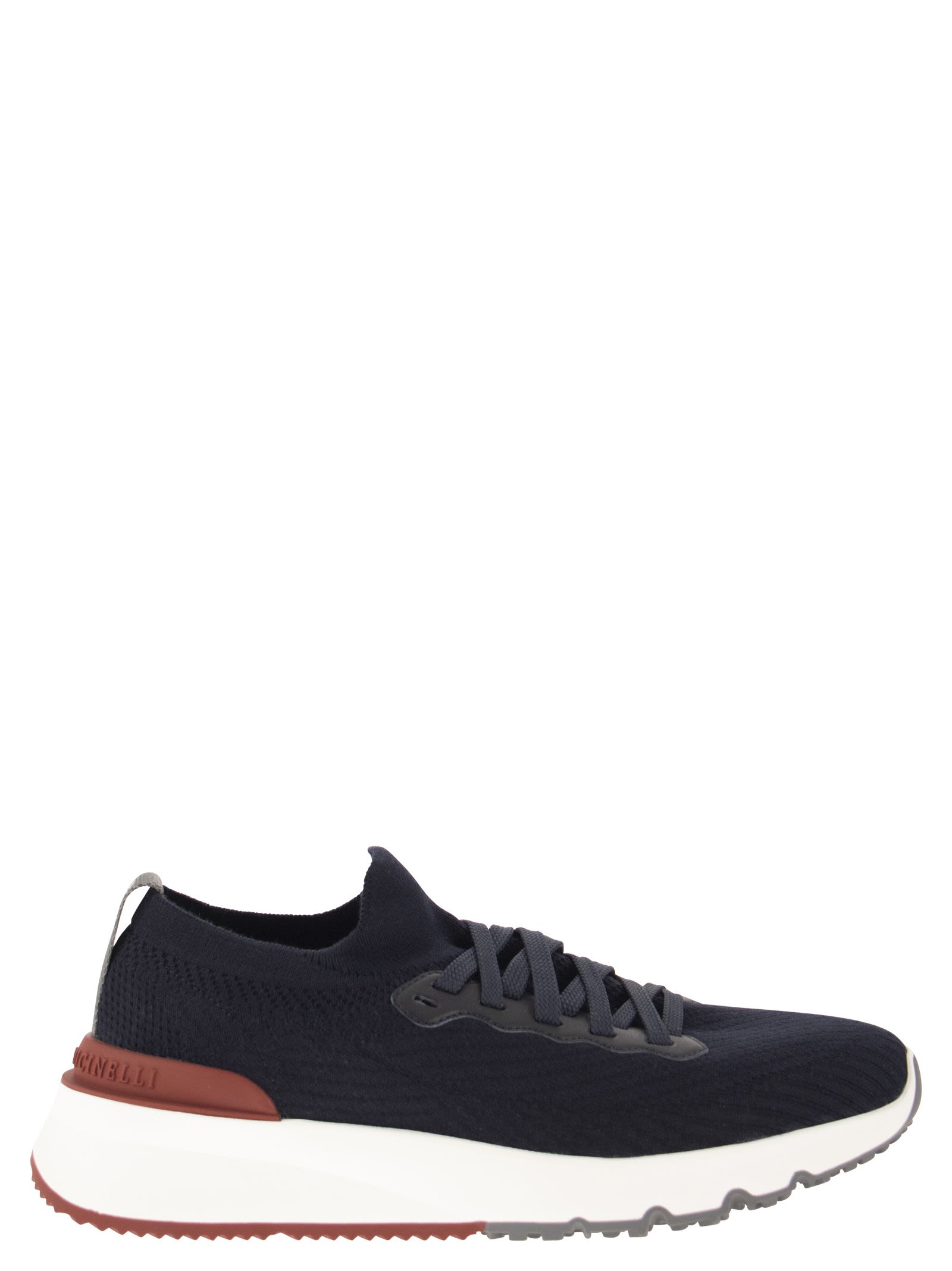 Brunello Cucinelli Men Runners In Cotton Knit And Semi-Glossy Calf Leather BRUNELLO CUCINELLI