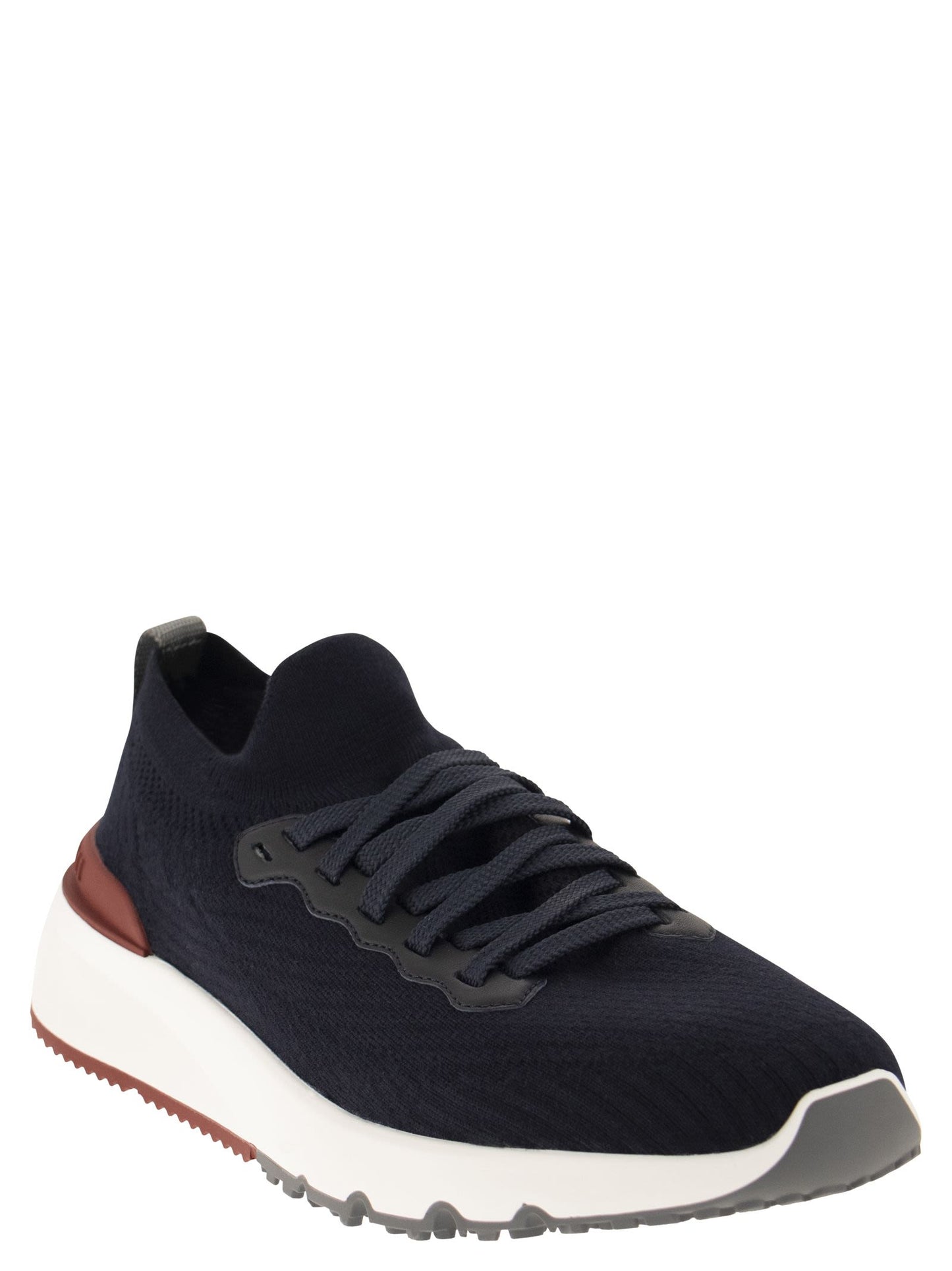 Brunello Cucinelli Men Runners In Cotton Knit And Semi-Glossy Calf Leather BRUNELLO CUCINELLI