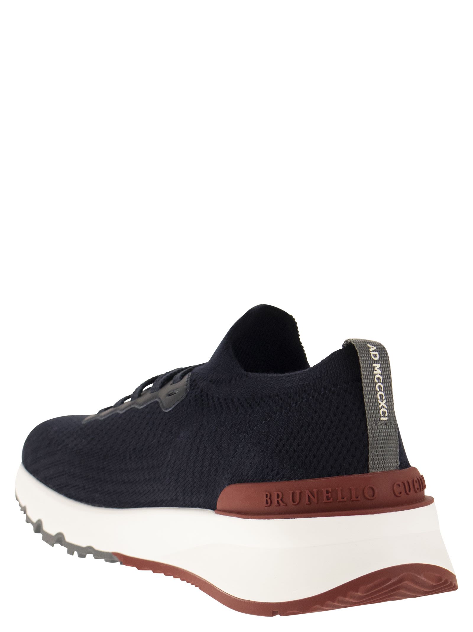 Brunello Cucinelli Men Runners In Cotton Knit And Semi-Glossy Calf Leather BRUNELLO CUCINELLI