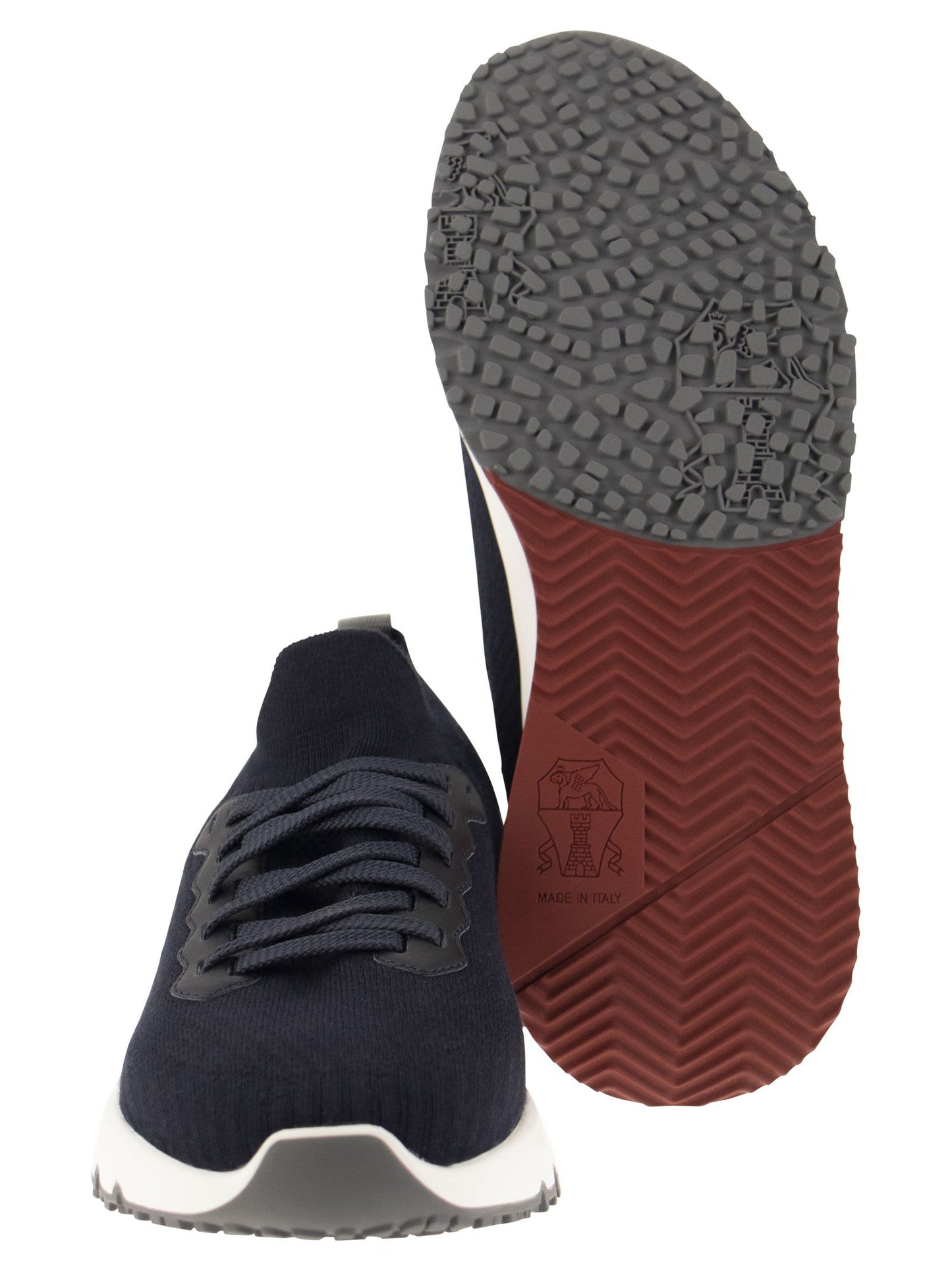 Brunello Cucinelli Men Runners In Cotton Knit And Semi-Glossy Calf Leather BRUNELLO CUCINELLI