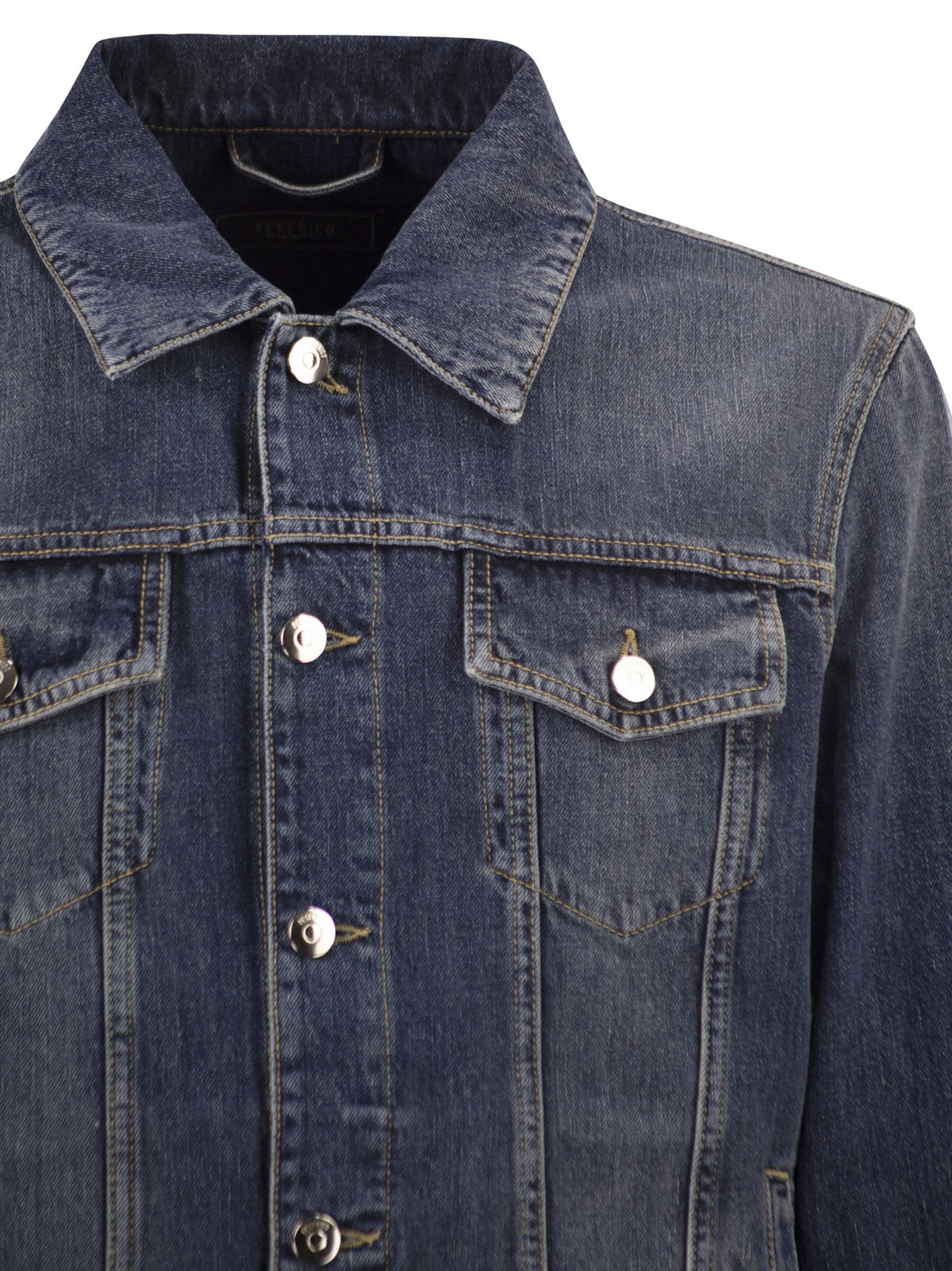 Peserico Men Cotton Denim Jacket With Vintage Wash And Tailored Details PESERICO