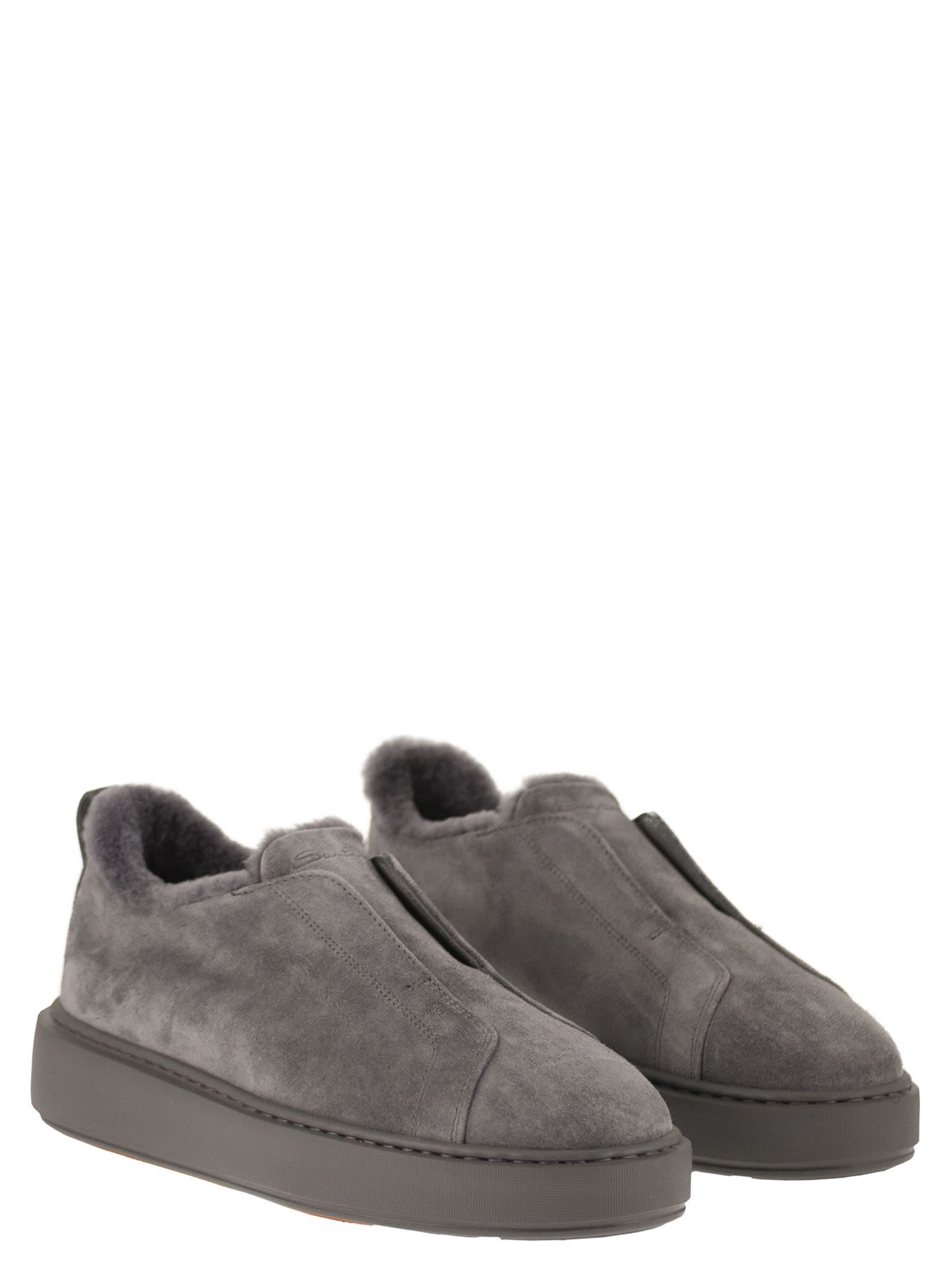 Santoni Women Slip-On Suede Sneakers With Fur SANTONI