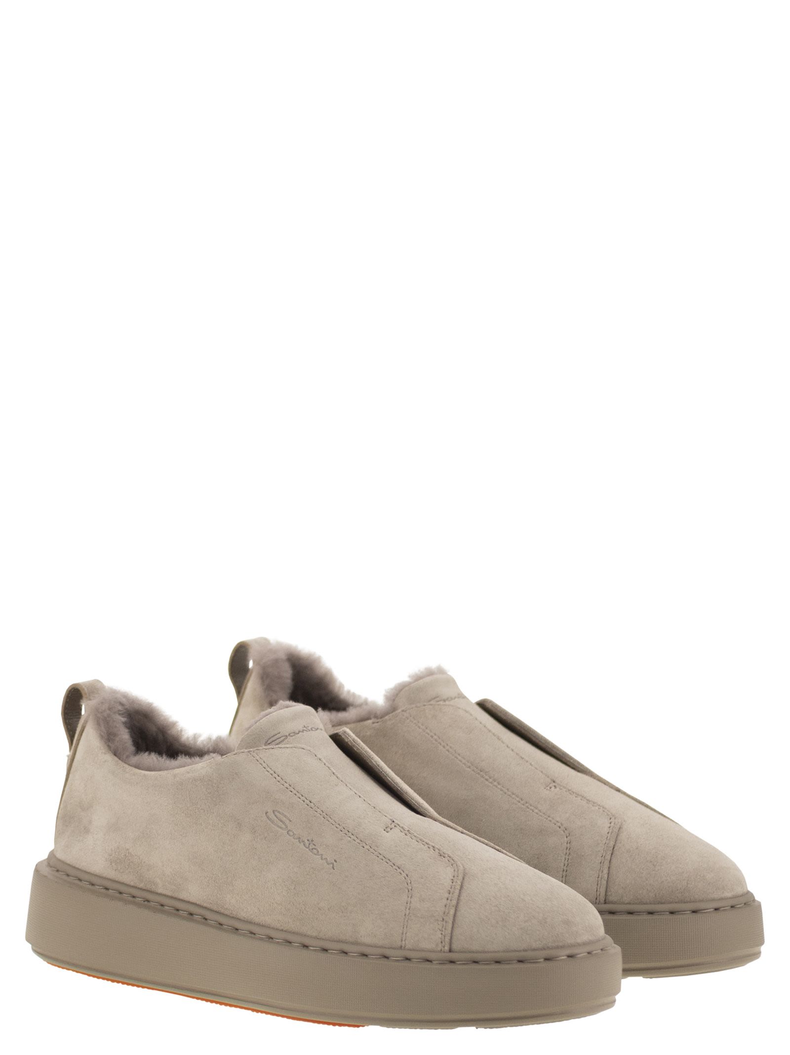 Santoni Women Slip-On Suede Sneakers With Fur SANTONI
