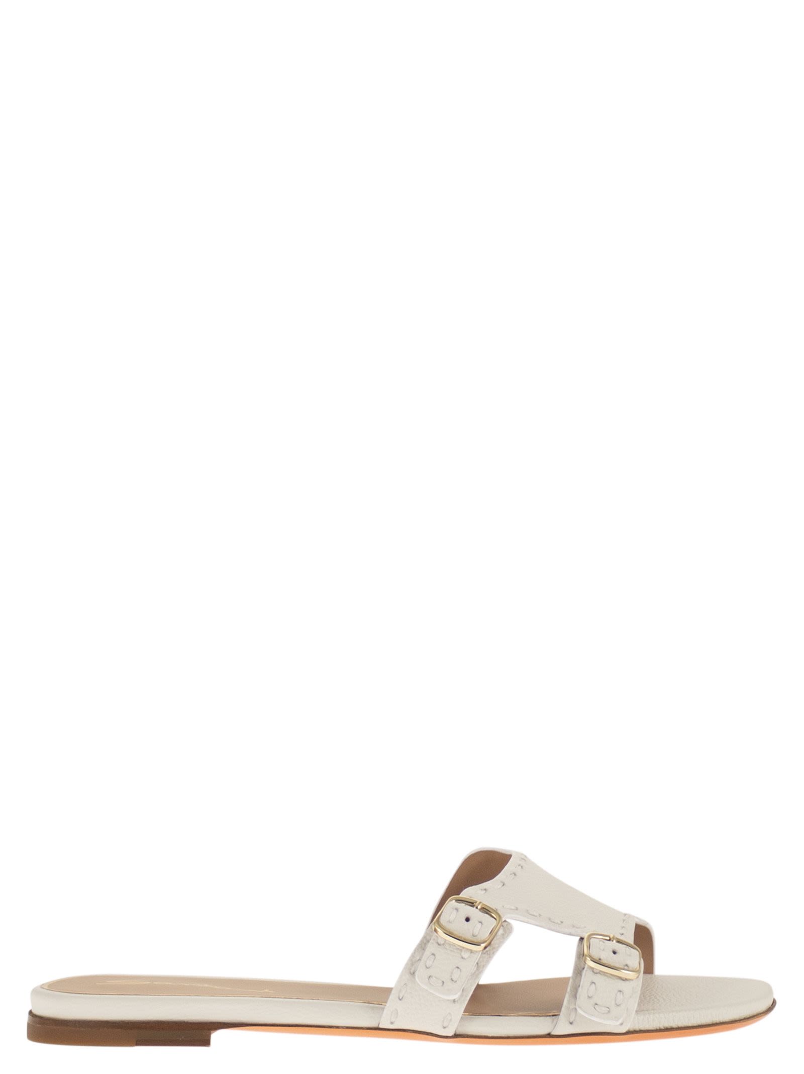 Santoni Women Leather Flat Sandals With Double Buckle Straps SANTONI