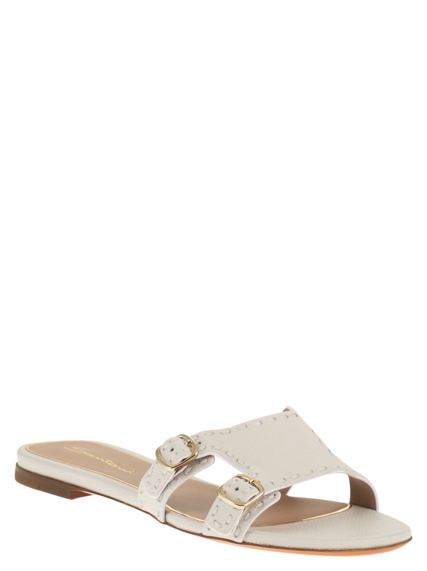 Santoni Women Leather Flat Sandals With Double Buckle Straps SANTONI