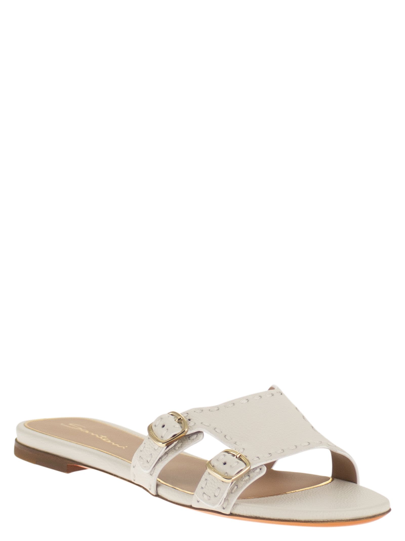 Santoni Women Leather Flat Sandals With Double Buckle Straps SANTONI