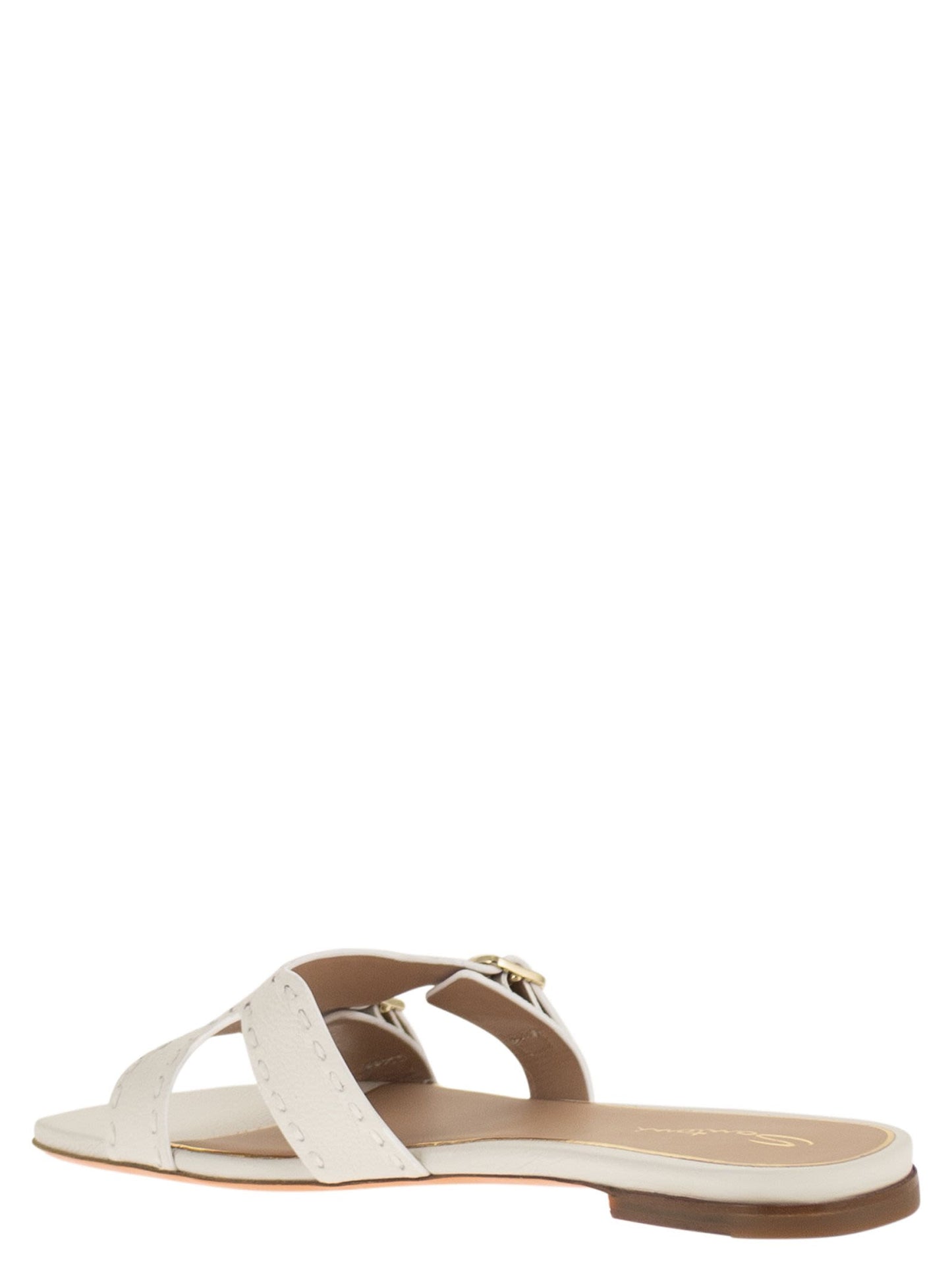 Santoni Women Leather Flat Sandals With Double Buckle Straps SANTONI