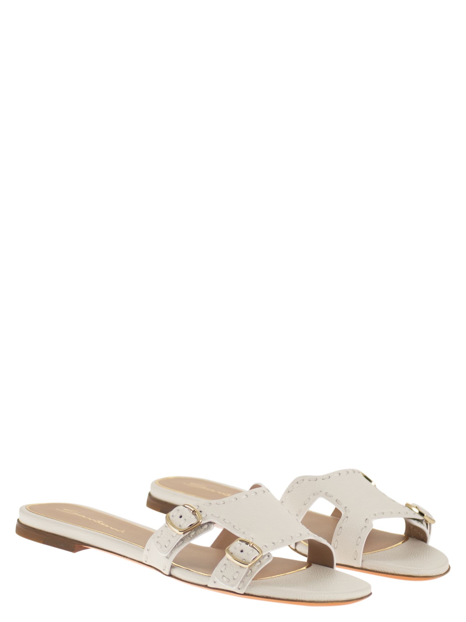 Santoni Women Leather Flat Sandals With Double Buckle Straps SANTONI