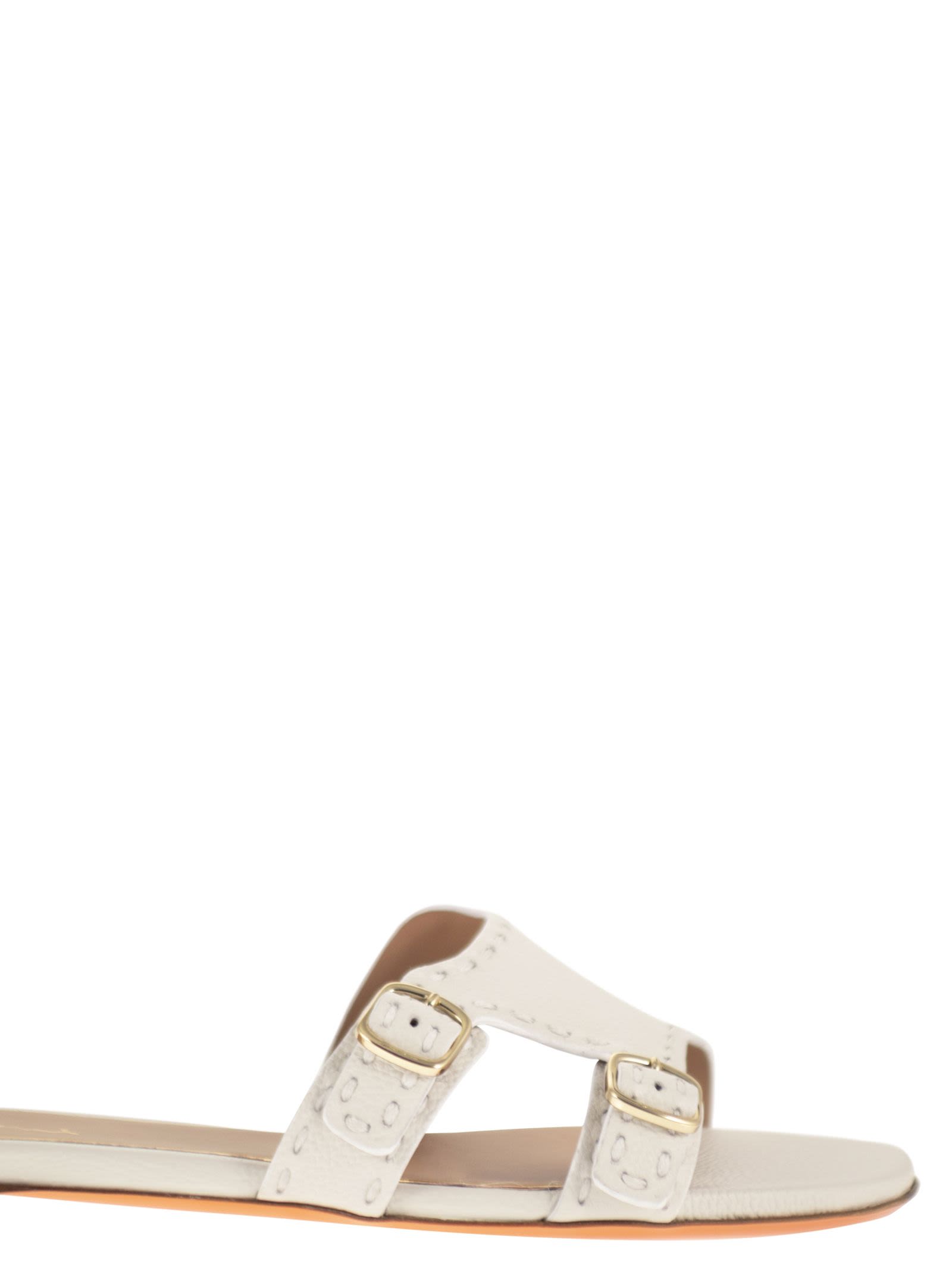 Santoni Women Leather Flat Sandals With Double Buckle Straps SANTONI