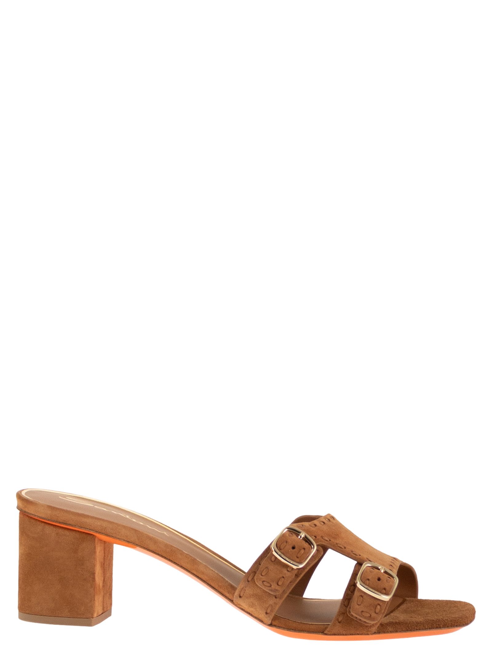 Santoni Women Suede Mule Sandals With Double Buckle And Block Heel SANTONI