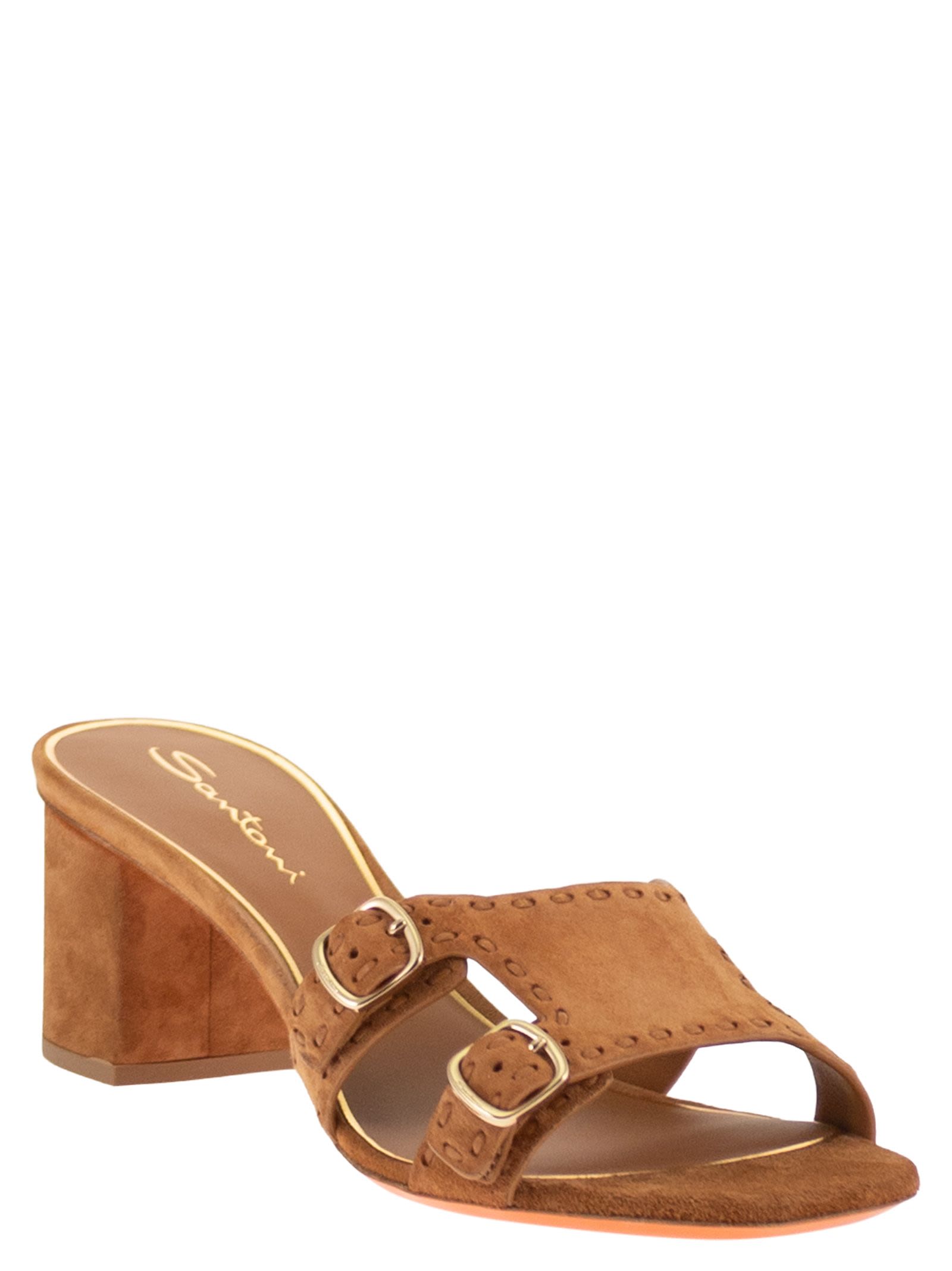 Santoni Women Suede Mule Sandals With Double Buckle And Block Heel SANTONI