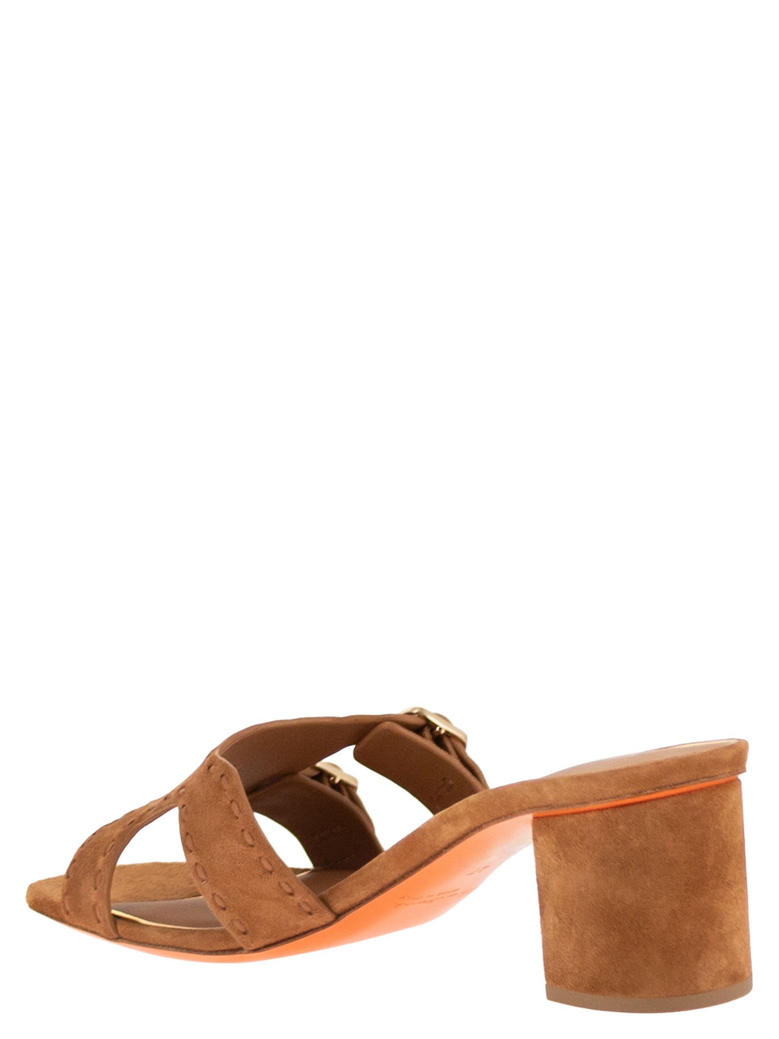 Santoni Women Suede Mule Sandals With Double Buckle And Block Heel SANTONI