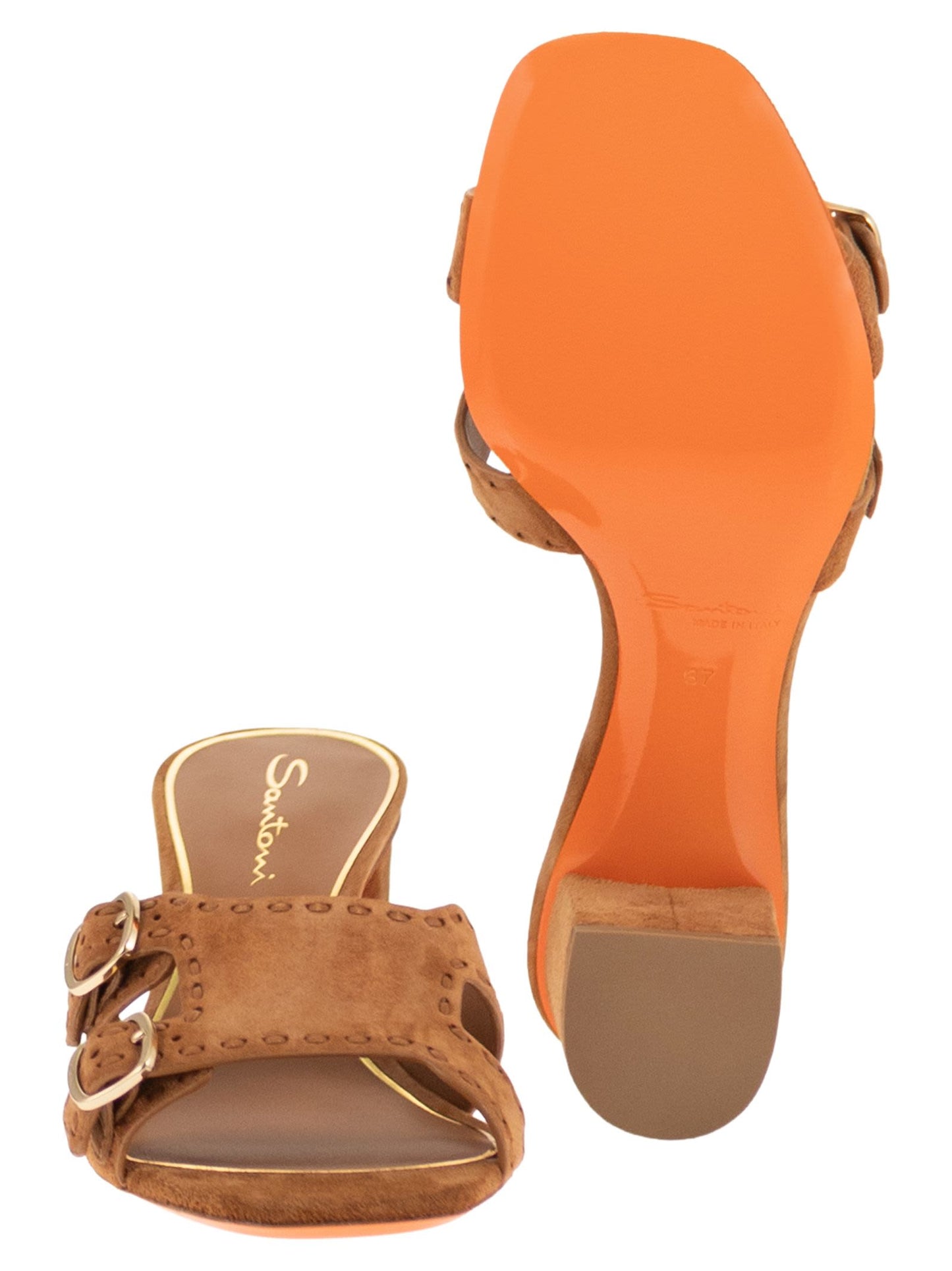 Santoni Women Suede Mule Sandals With Double Buckle And Block Heel SANTONI