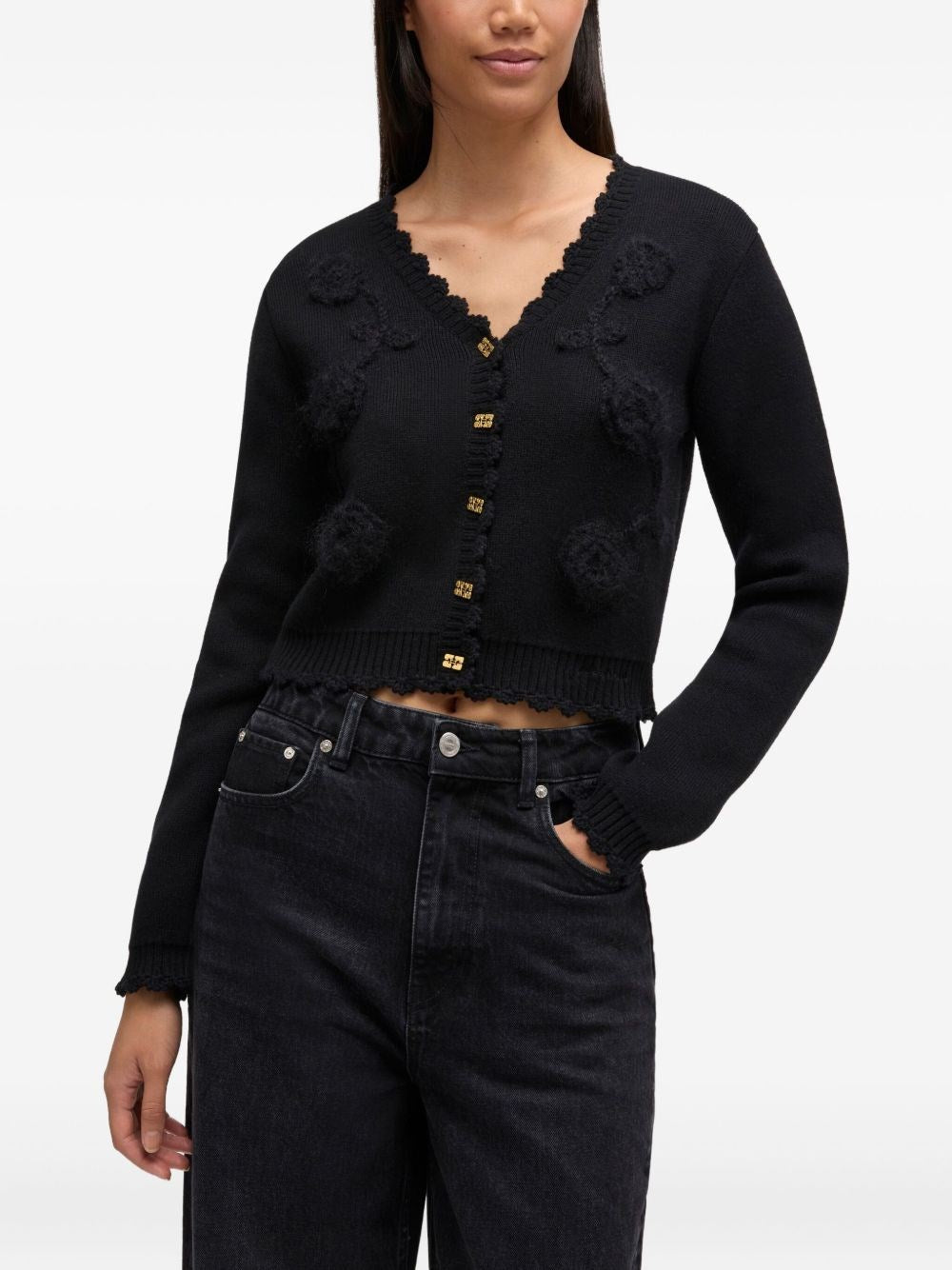 Ganni Women Cotton Cashmere Crochet Applique Cardigan GANNI
