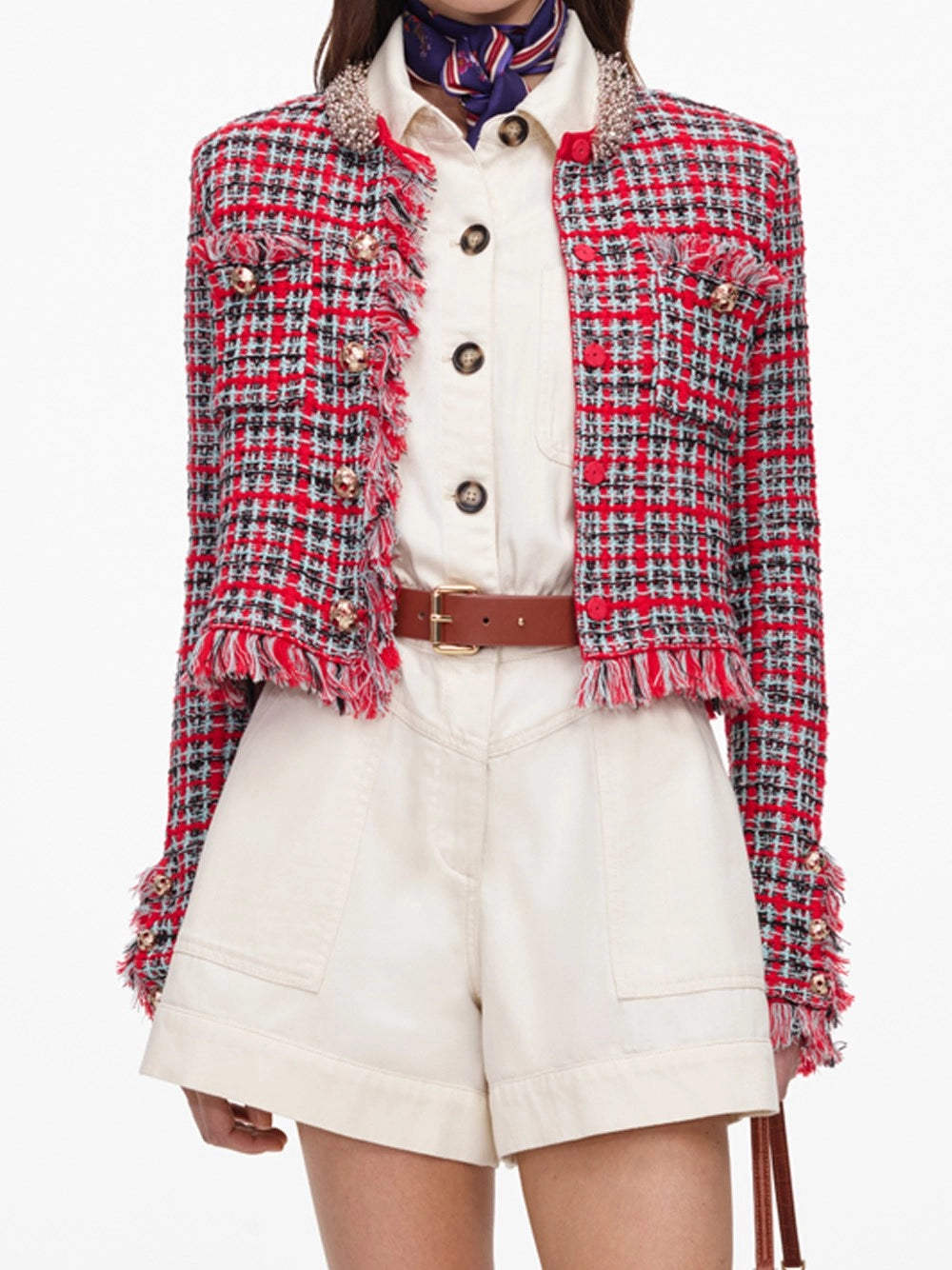 Self-Portrait Women Check Frayed Knit Jacket SELF-PORTRAIT