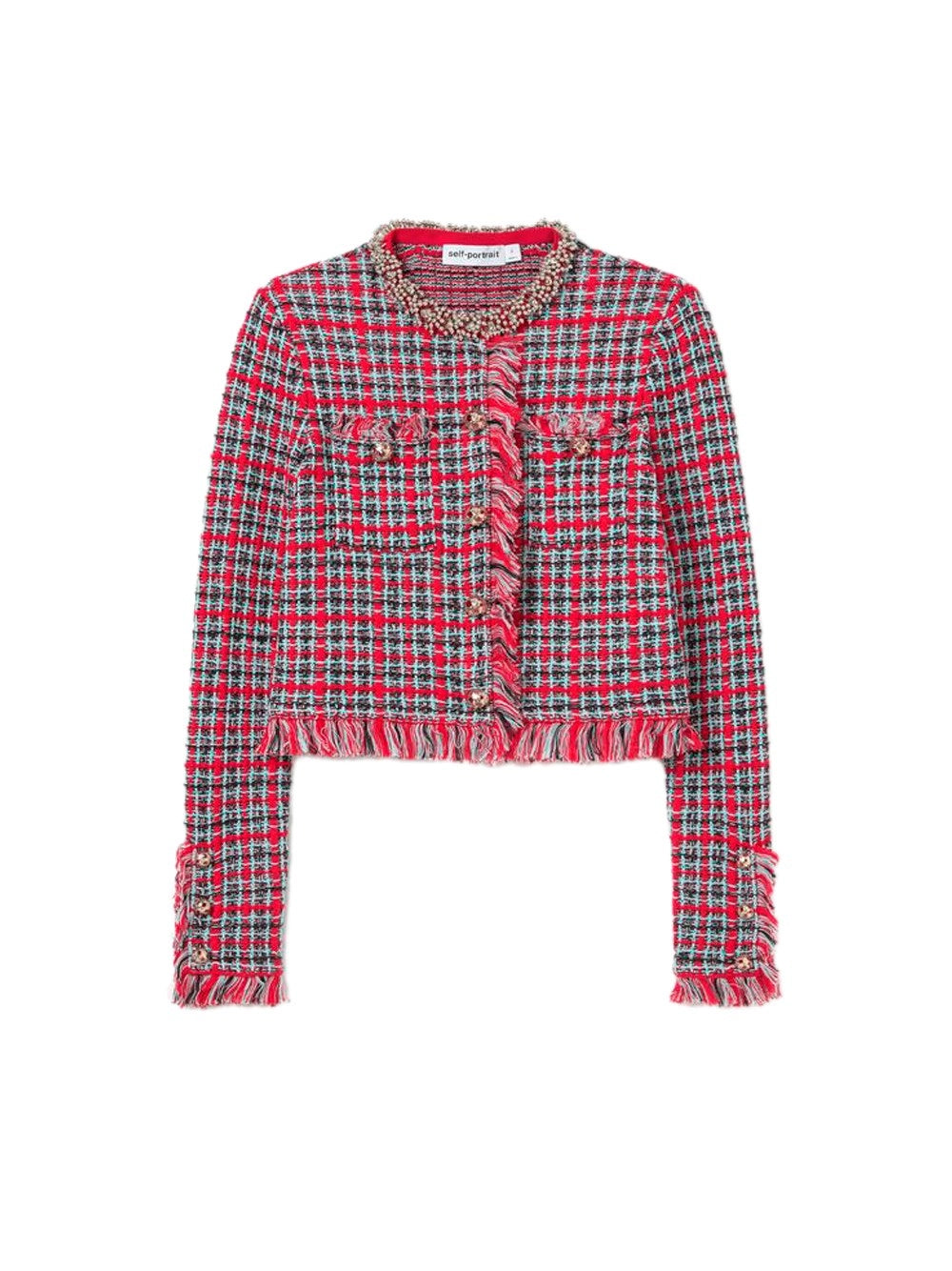 Self-Portrait Women Check Frayed Knit Jacket SELF-PORTRAIT