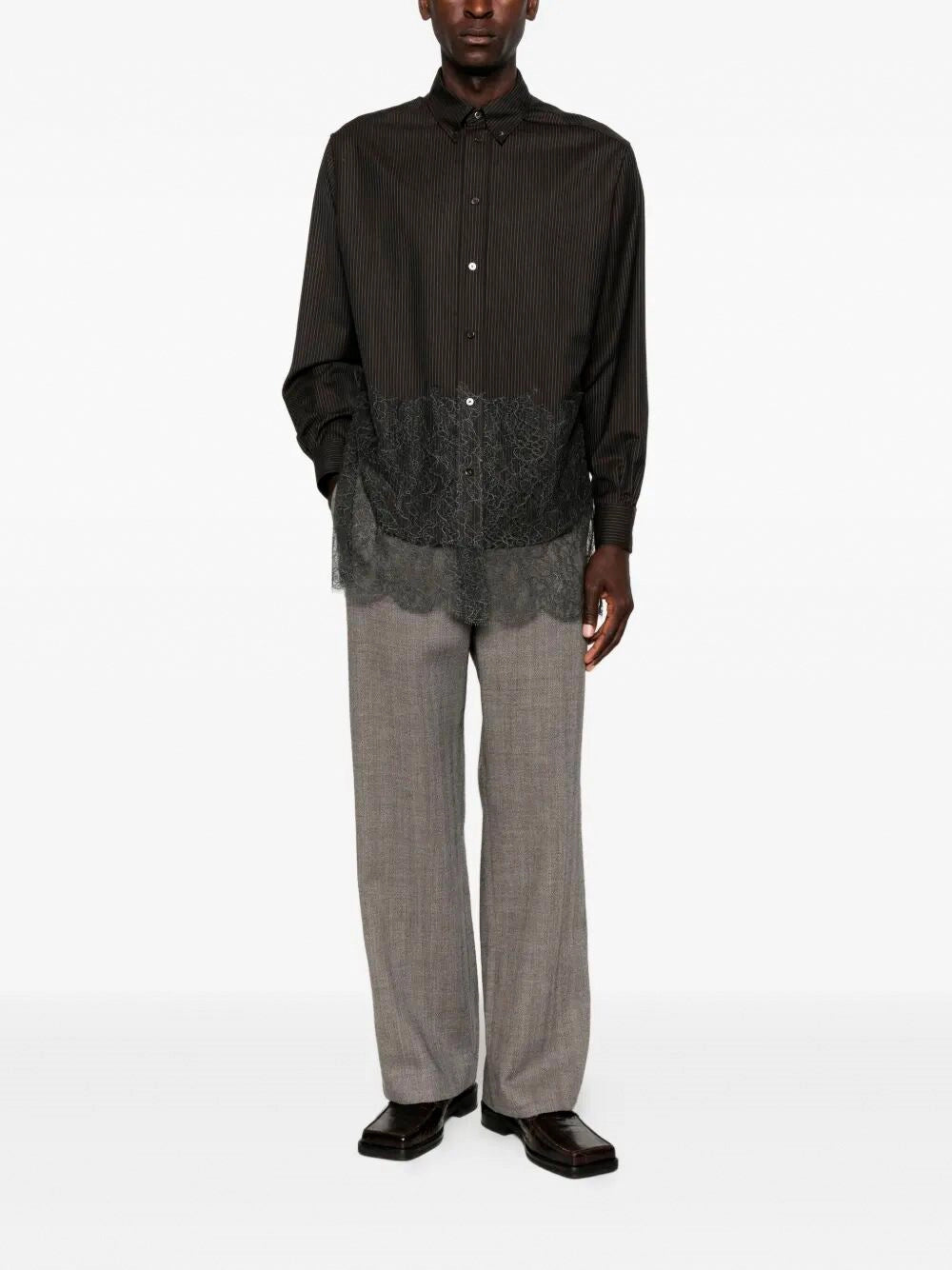 Fendi Men Wool Shirt With Stripes And Lace FENDI