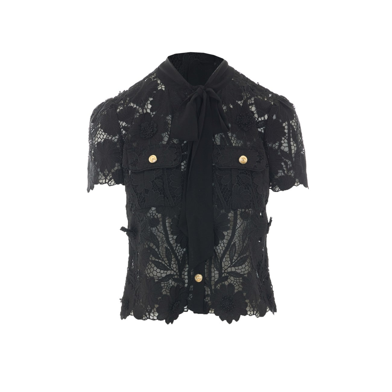 Self Portrait Women Black Lace Tie Neck Top SELF-PORTRAIT