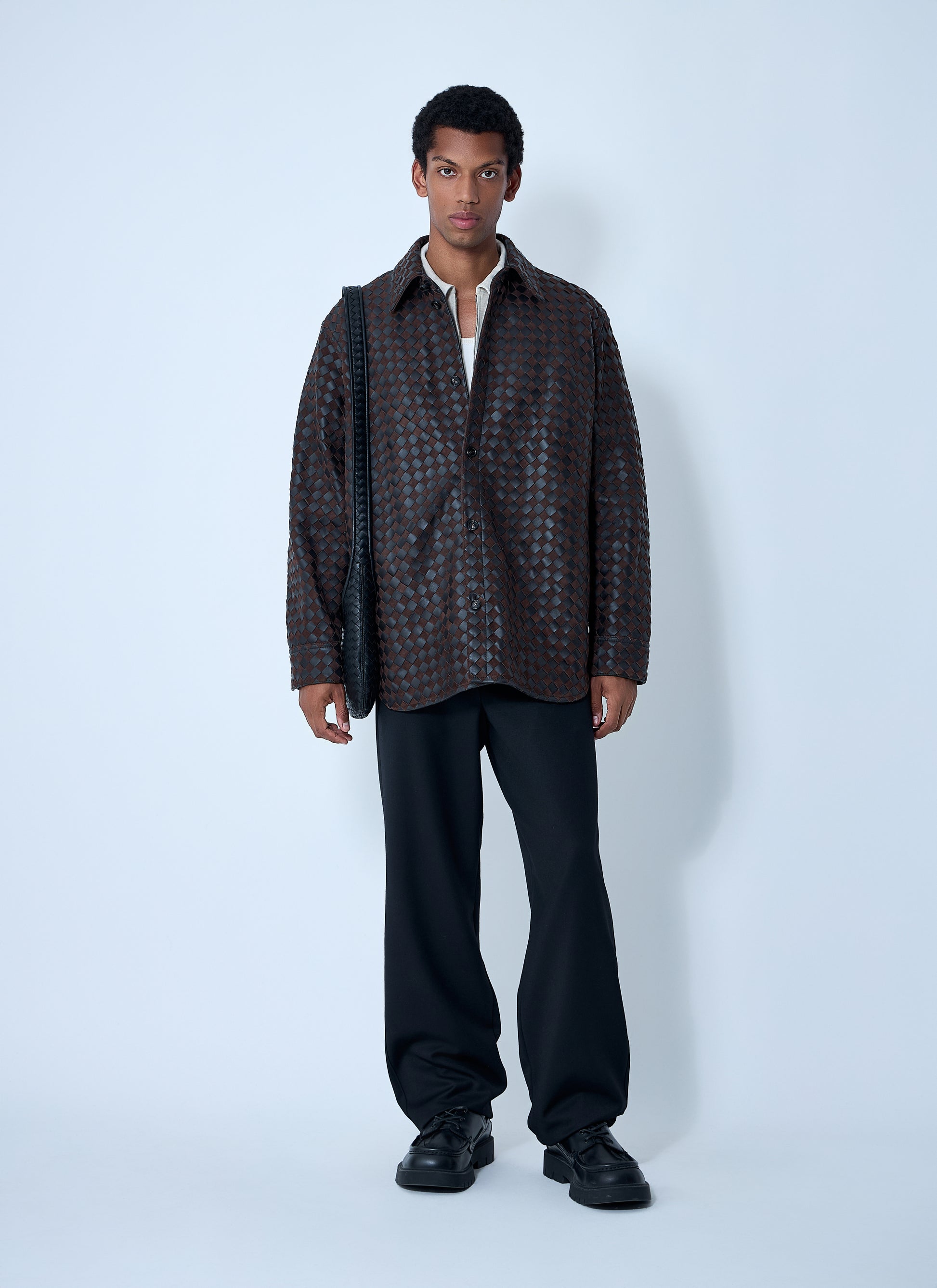 Bottega Veneta Men Intrecciato Leather And Suede Shirt BOTTEGA VENETA