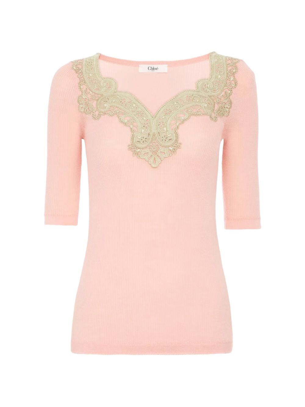 Chloe' Women Wool Rib Knitted & Guipure Sweater CHLOE