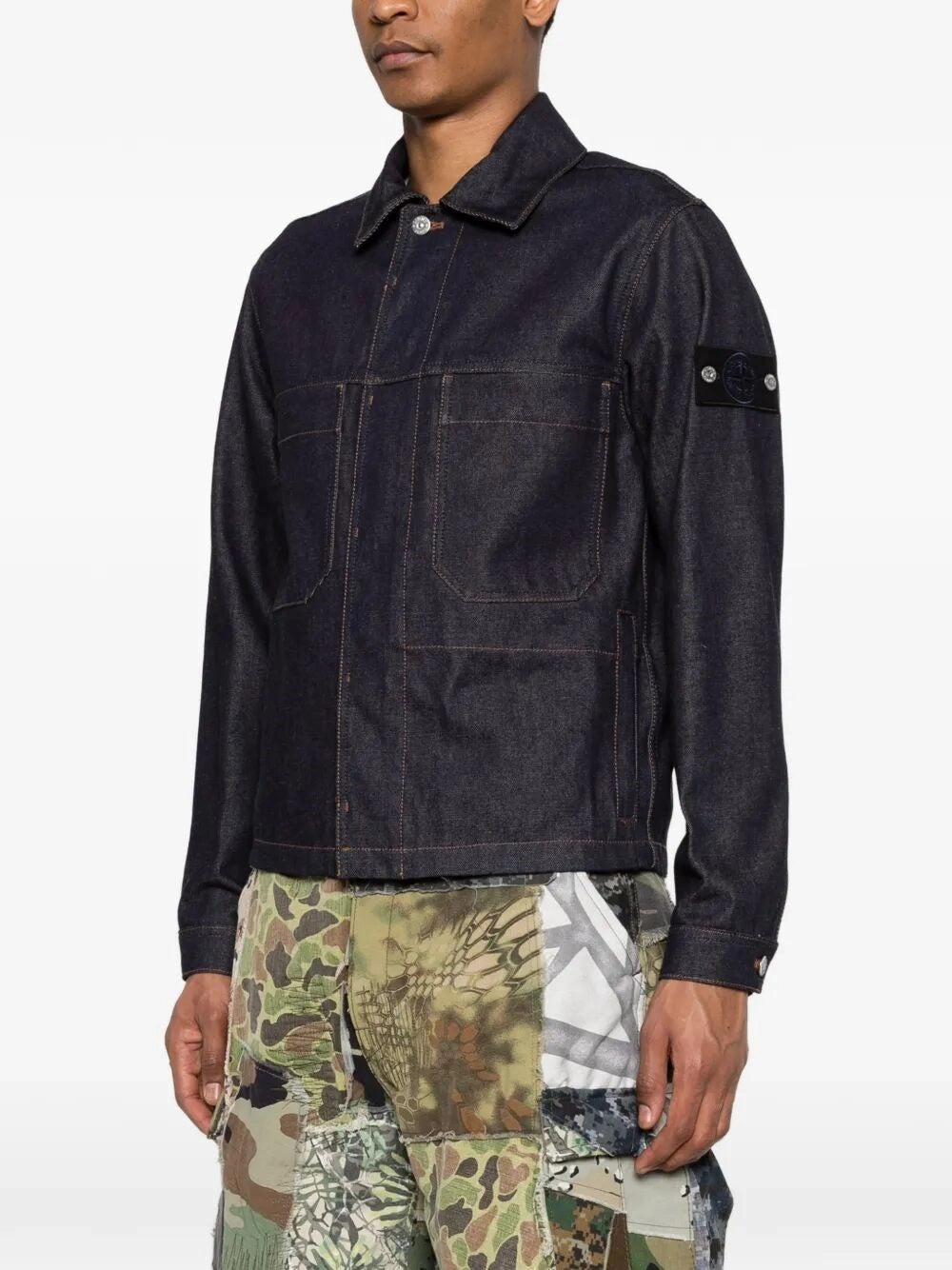 Stone Island Men `Indigo Denim-Raw` Biker Jacket STONE ISLAND