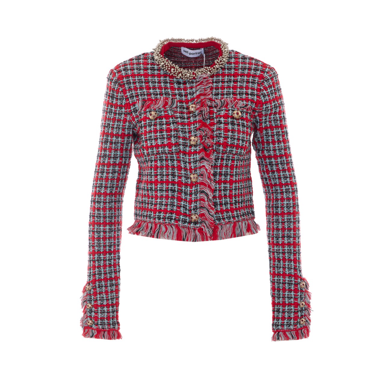 Self Portrait Women Check Frayed Knit Jacket SELF-PORTRAIT