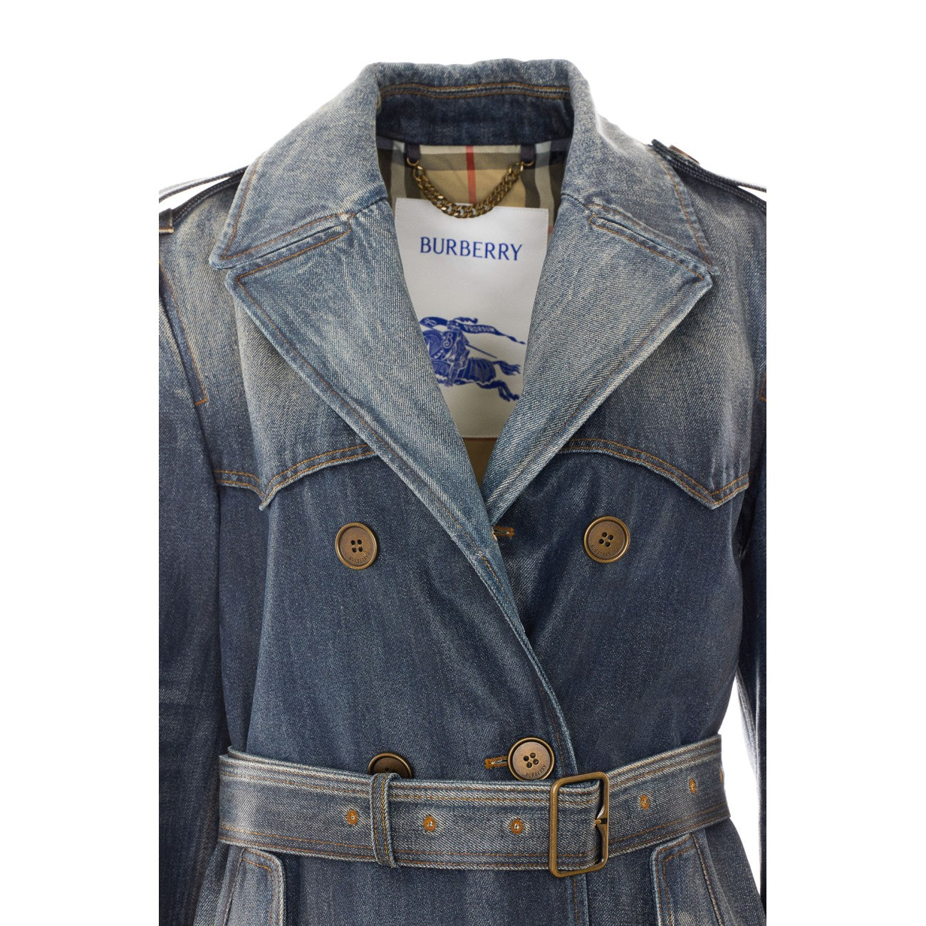 Burberry Women Coated Denim Short Trench With Burberry Check Lining BURBERRY