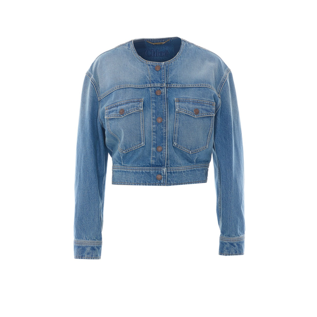 Chloe' Women Collarless Cropped Jacket In Denim CHLOE