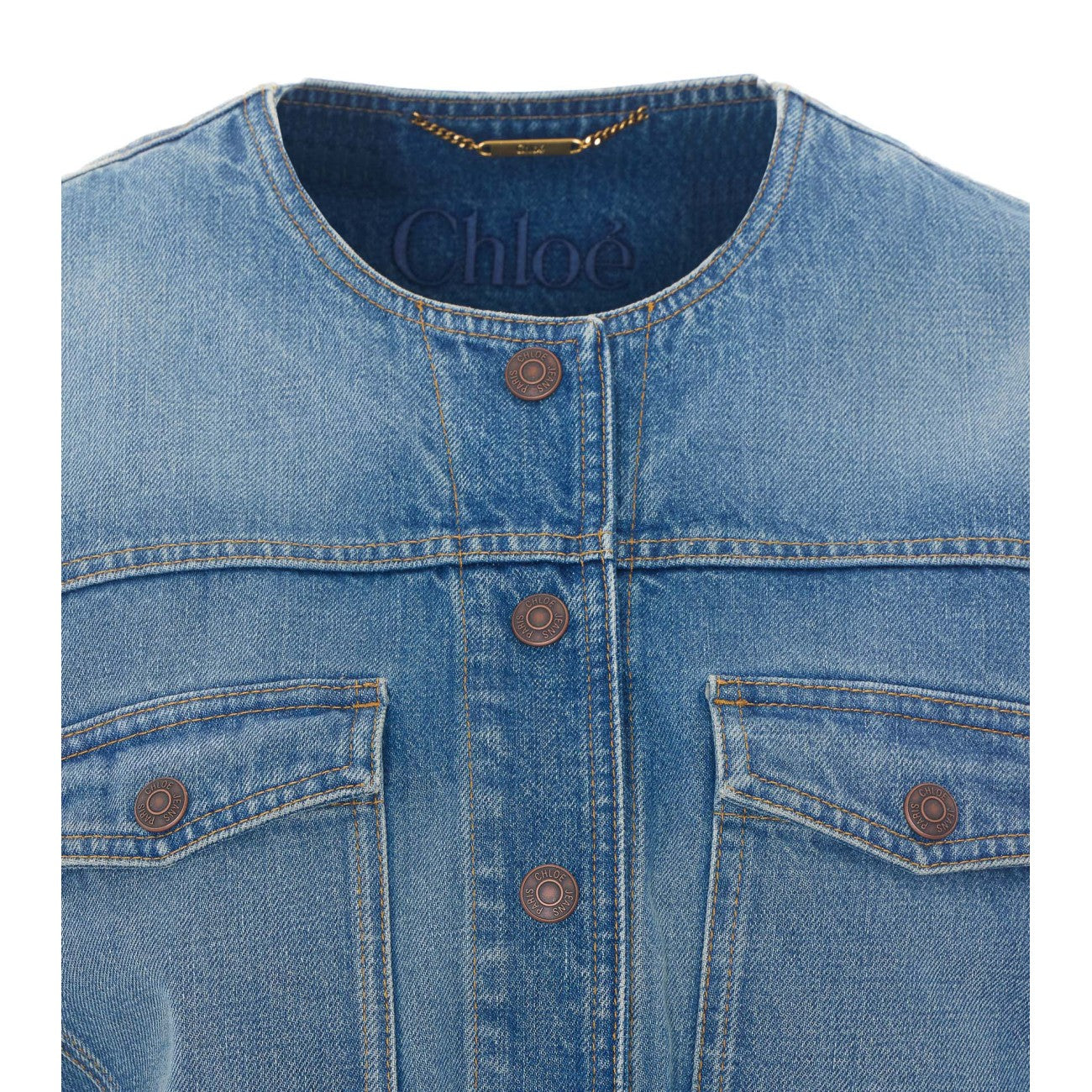 Chloe' Women Collarless Cropped Jacket In Denim CHLOE