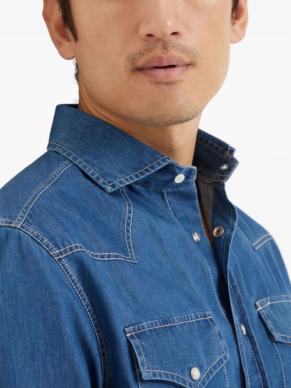 Brunello Cucinelli Men Denim Easy Fit Western Shirt BRUNELLO CUCINELLI