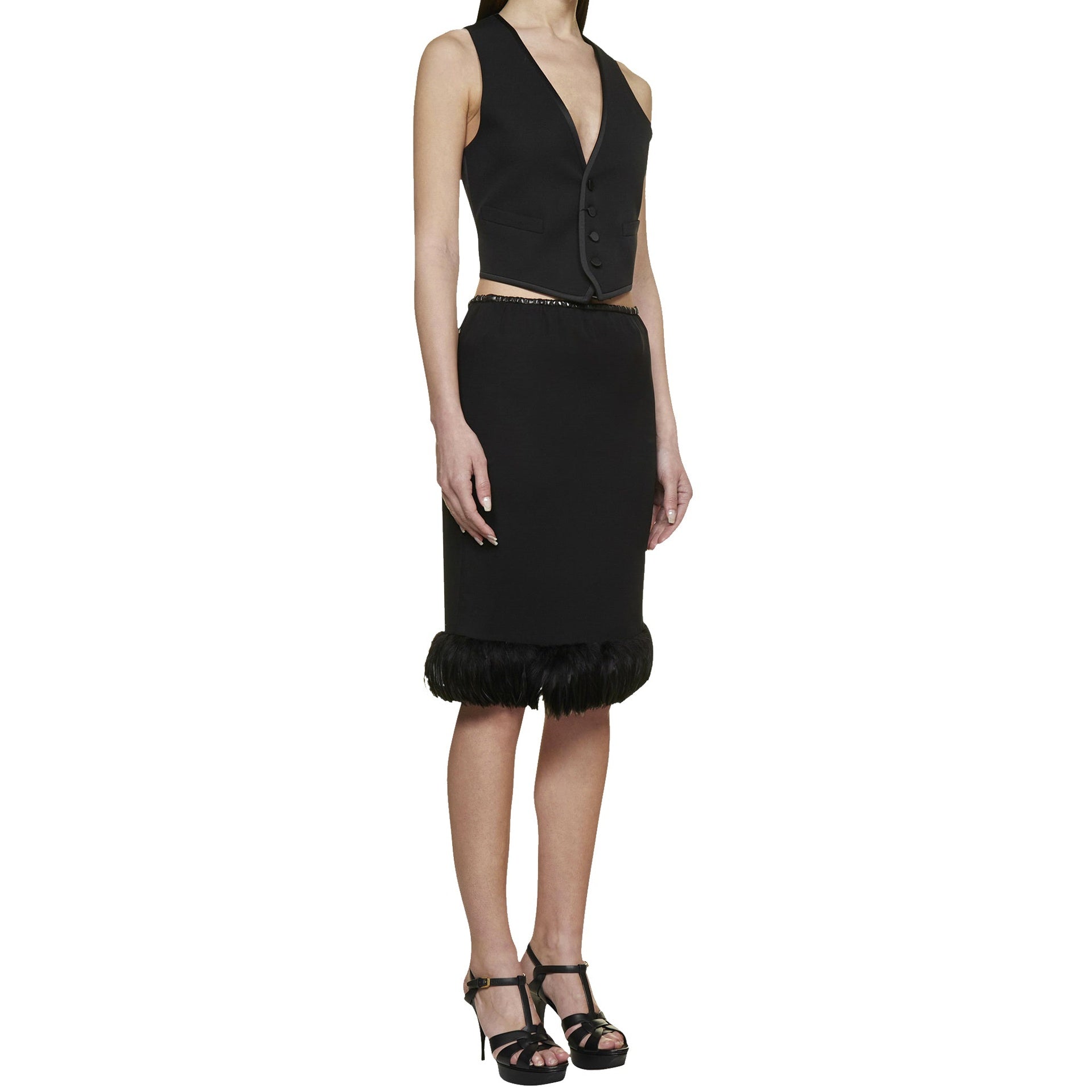 Saint Laurent Feathers Trim Silk Skirt Women SAINT LAURENT