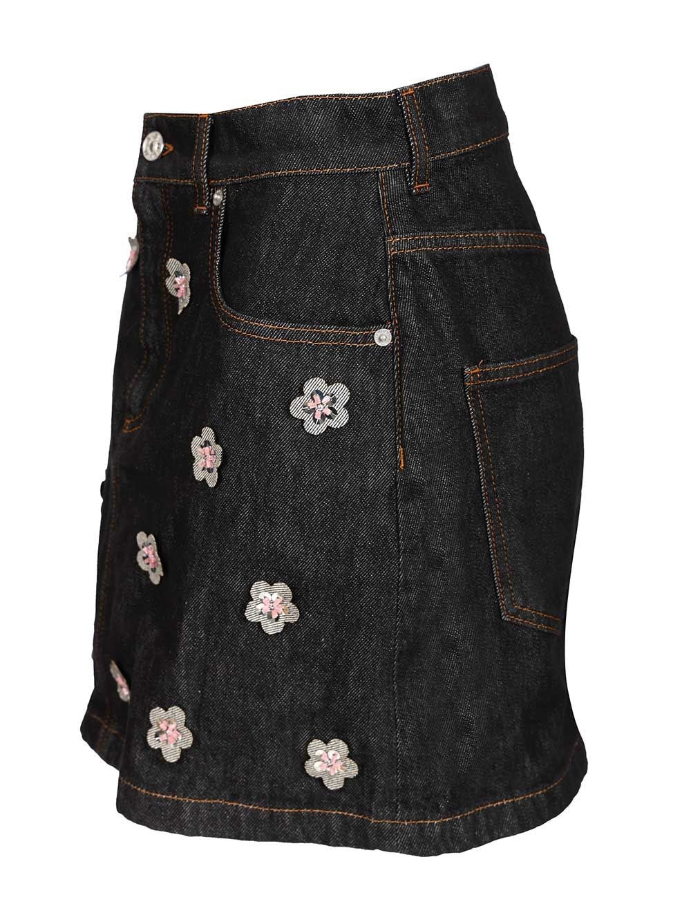 Marni Women Black Denim Skirt With Daisy Appliques MARNI