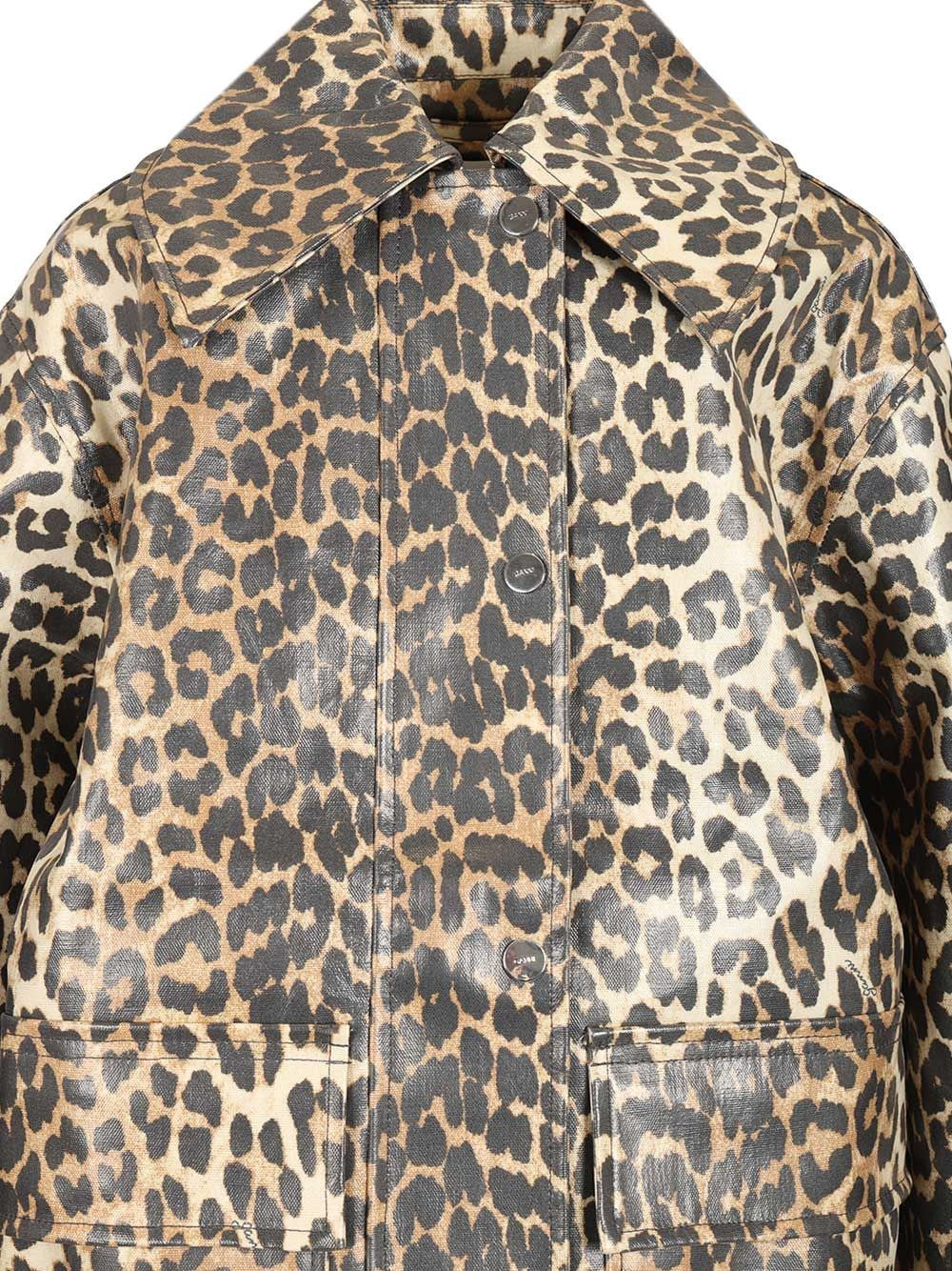 Ganni Women Leopard Laminated Cotton Jacket GANNI