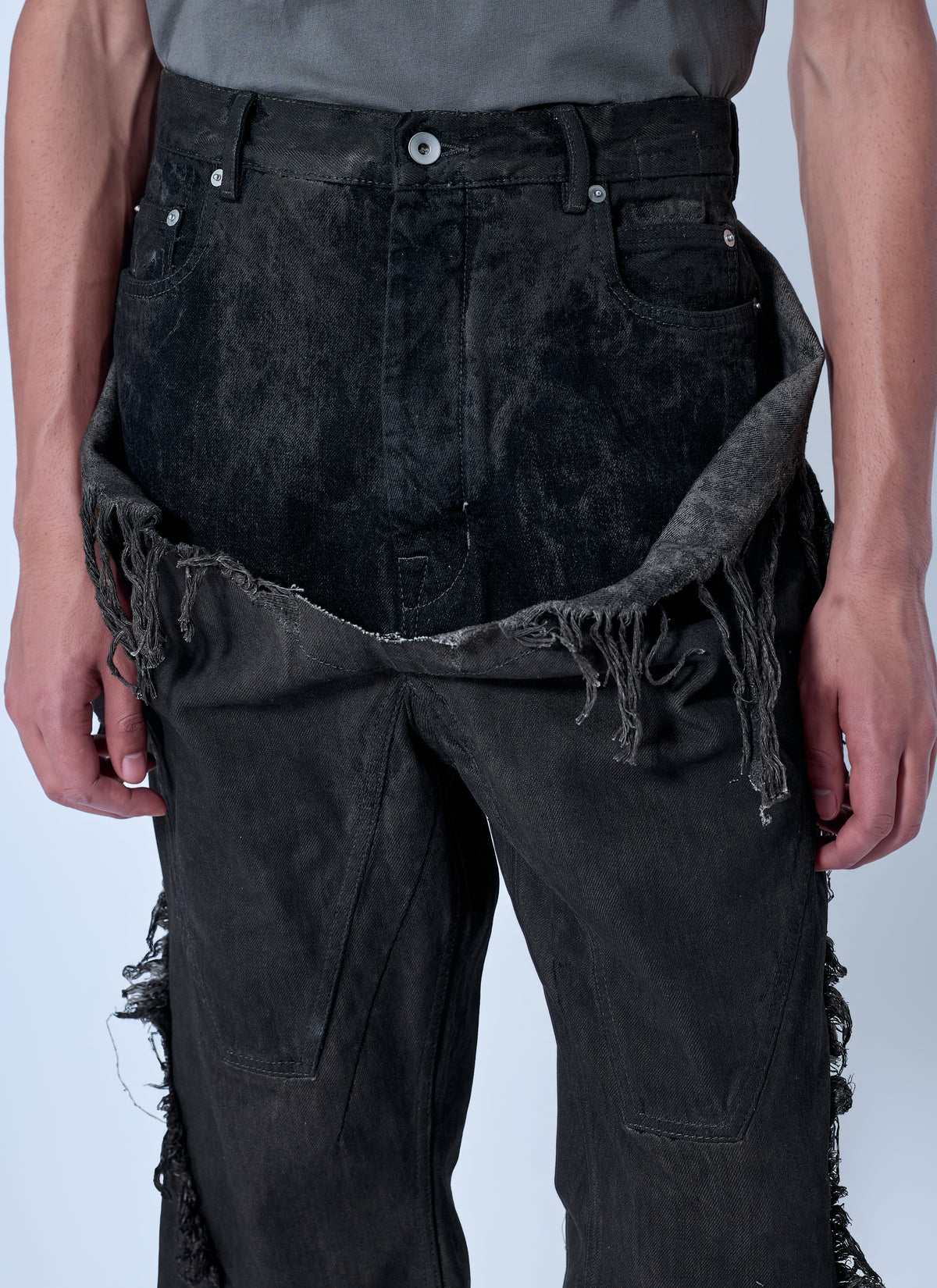 Rick Owens Drkshdw Men Shredded Denim Slivered Bootcut Jeans RICK OWENS