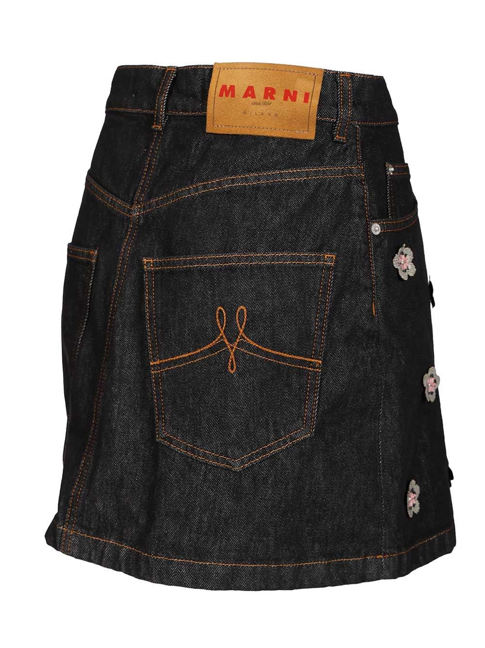 Marni Women Black Denim Skirt With Daisy Appliques MARNI