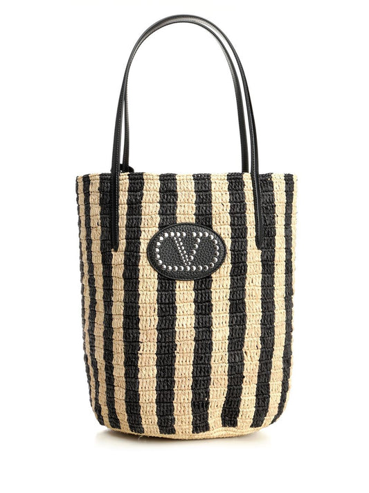 Valentino Garavani Women Bucket Bag | Vlogo Signature | Crochet Rafia Stripes/Vac.Liscia/Vit.St. VALENTINO GARAVANI