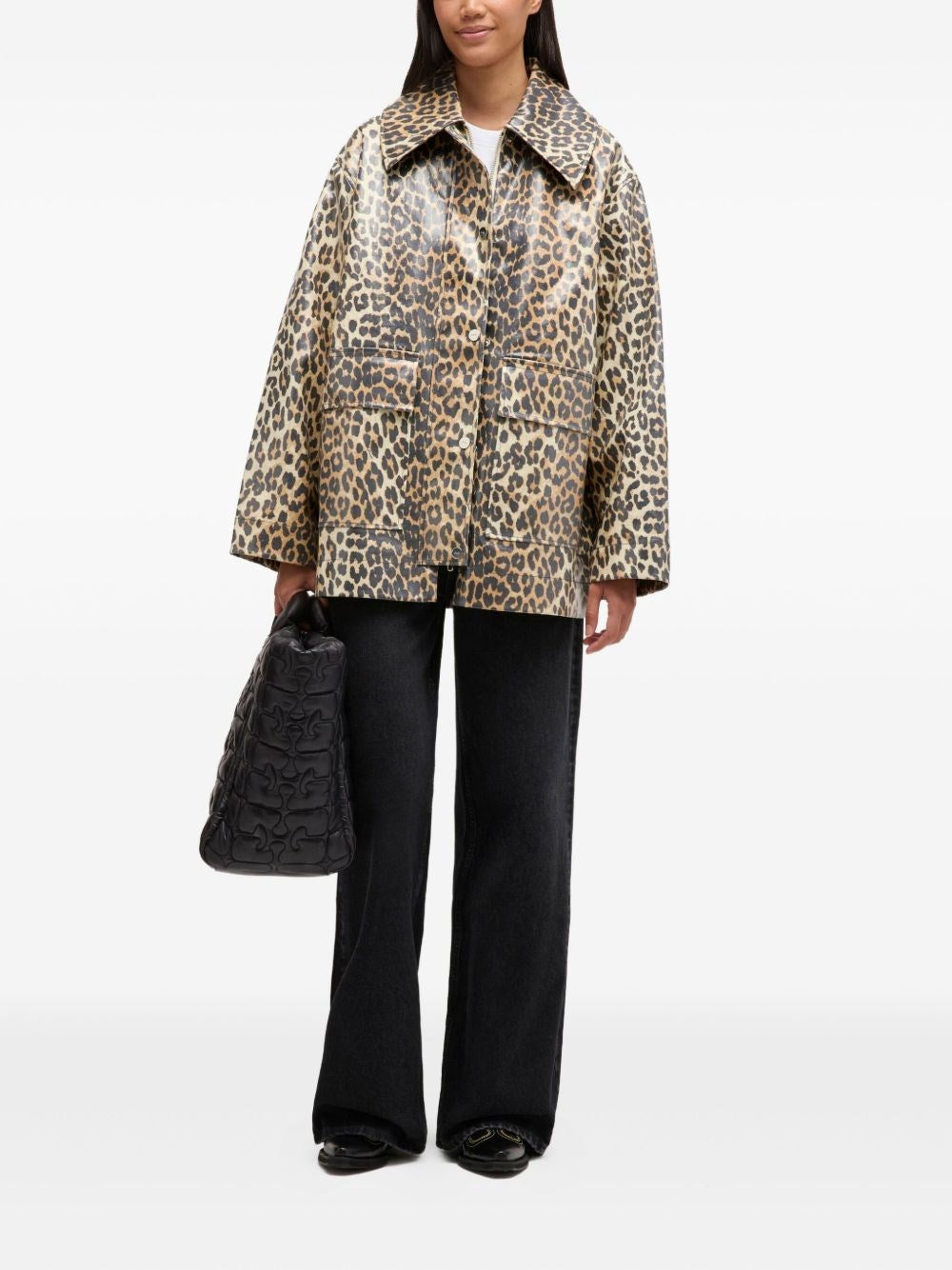 Ganni Women Leopard Laminated Cotton Jacket GANNI