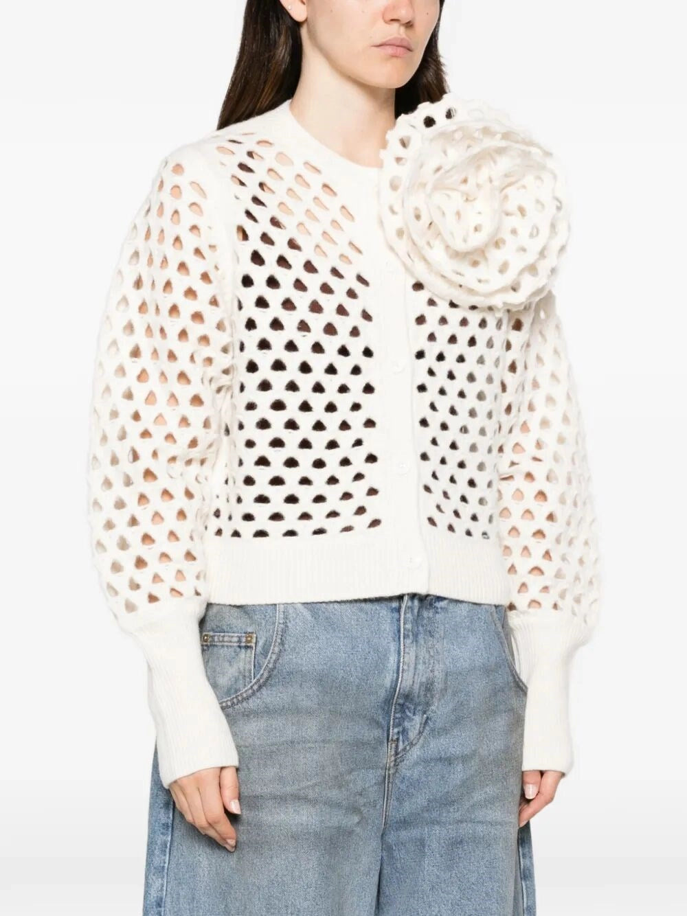 Blumarine Women Openwork Wool Cardigan With 3D Rose BLUMARINE