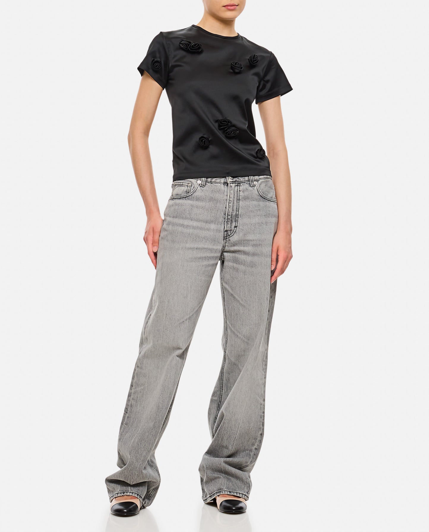 Sportmax Women Mendoza Fitted Top With Black Embroidered Roses SPORTMAX