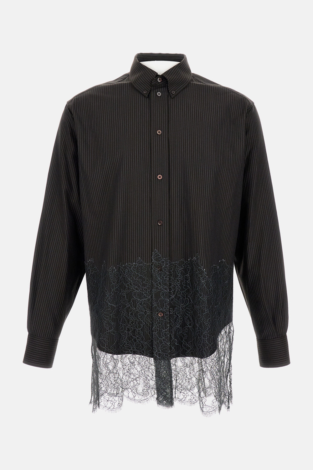 Fendi Men Black Pinstripe Wool And Lace Shirt FENDI