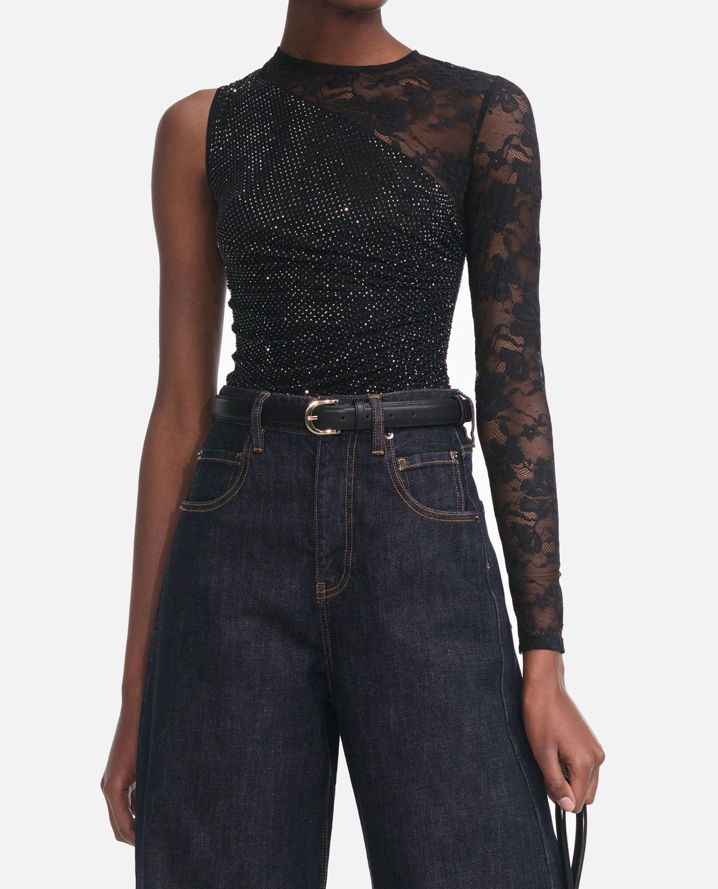 Self-Portrait Women Black Rhinestone Lace Sleeve Top SELF-PORTRAIT