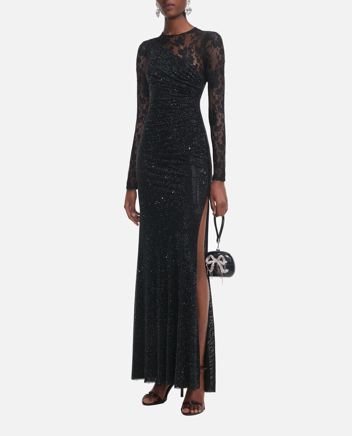Self-Portrait Women Black Rhinestone Lace Sleeves Maxi Dress SELF-PORTRAIT