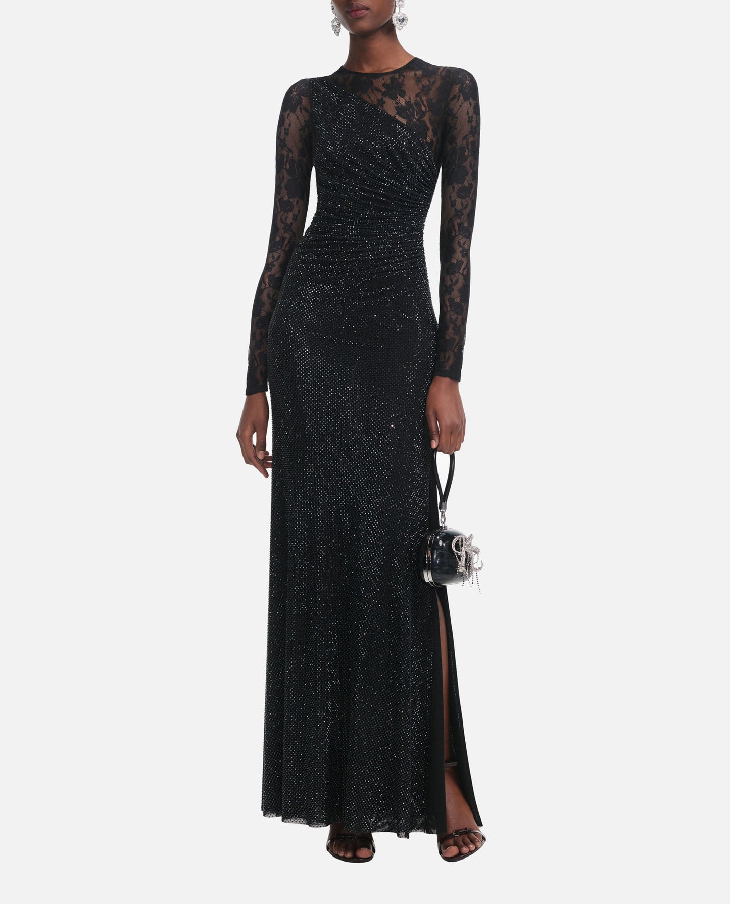 Self-Portrait Women Black Rhinestone Lace Sleeves Maxi Dress SELF-PORTRAIT
