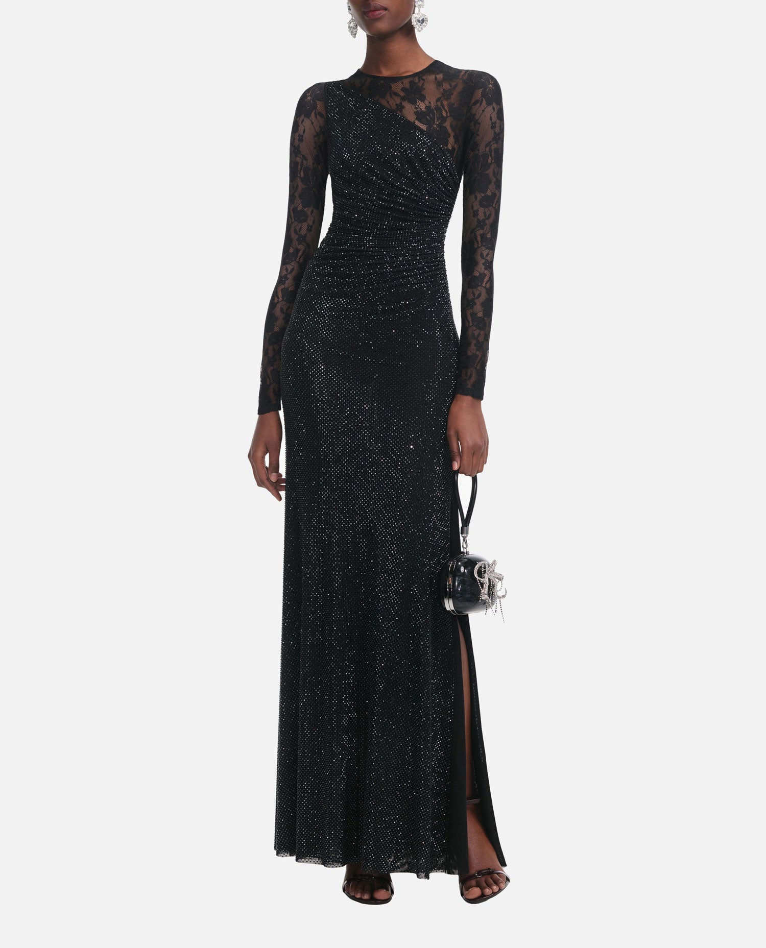 Self-Portrait Women Black Rhinestone Lace Sleeves Maxi Dress SELF-PORTRAIT