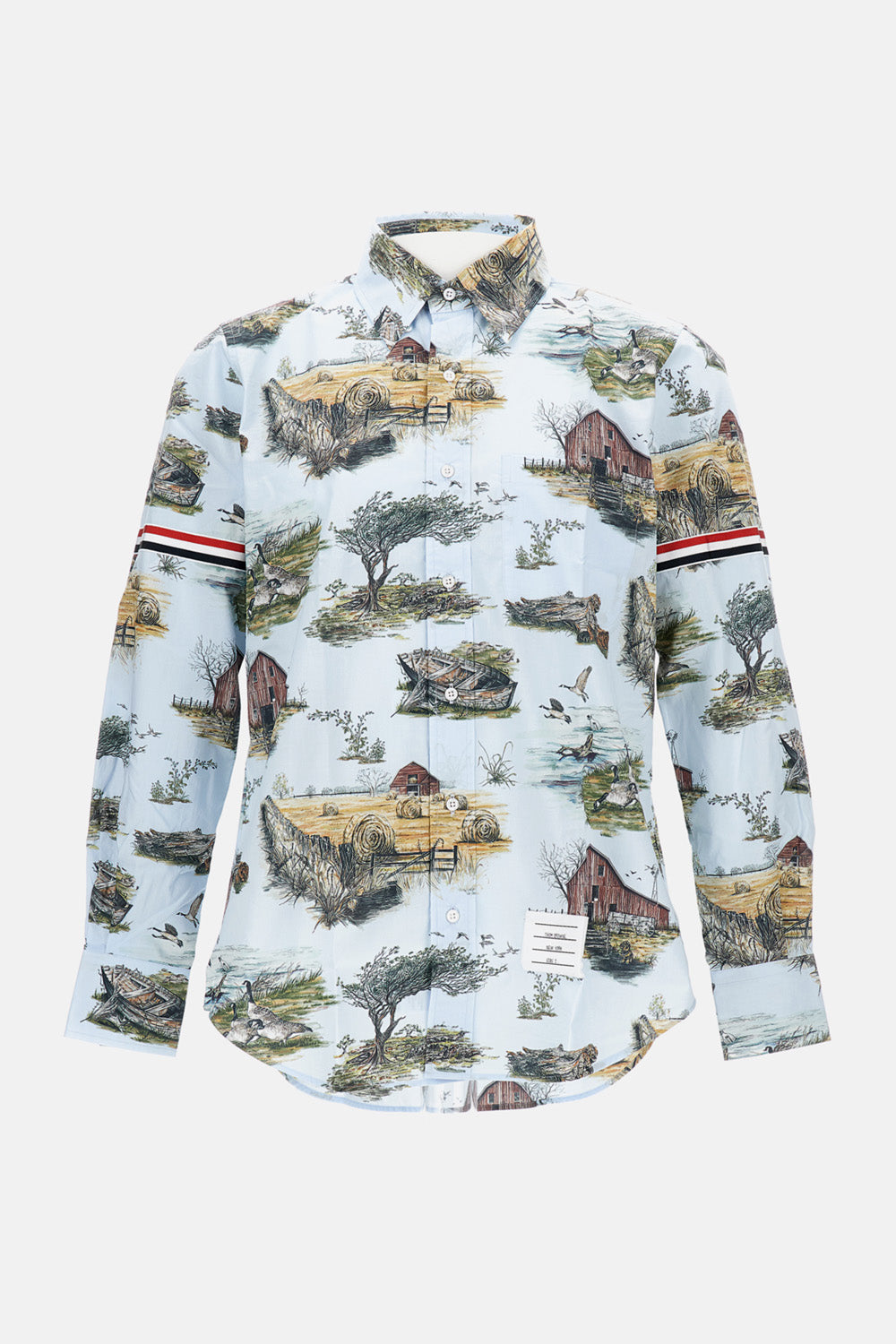 Thom Browne Men Graphic Straight Fit Shirt W/Gg Armband In Scenic Toile Small Cotton Popeline THOM BROWNE