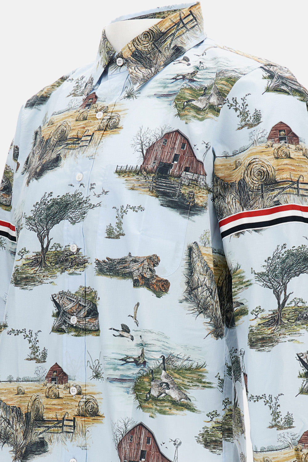 Thom Browne Men Graphic Straight Fit Shirt W/Gg Armband In Scenic Toile Small Cotton Popeline THOM BROWNE