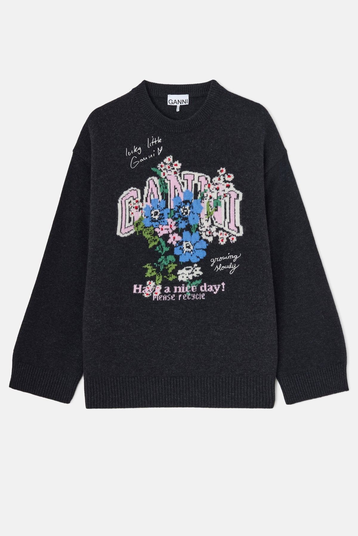 Ganni Women Graphic Wool Oversized Sweater Flowers GANNI